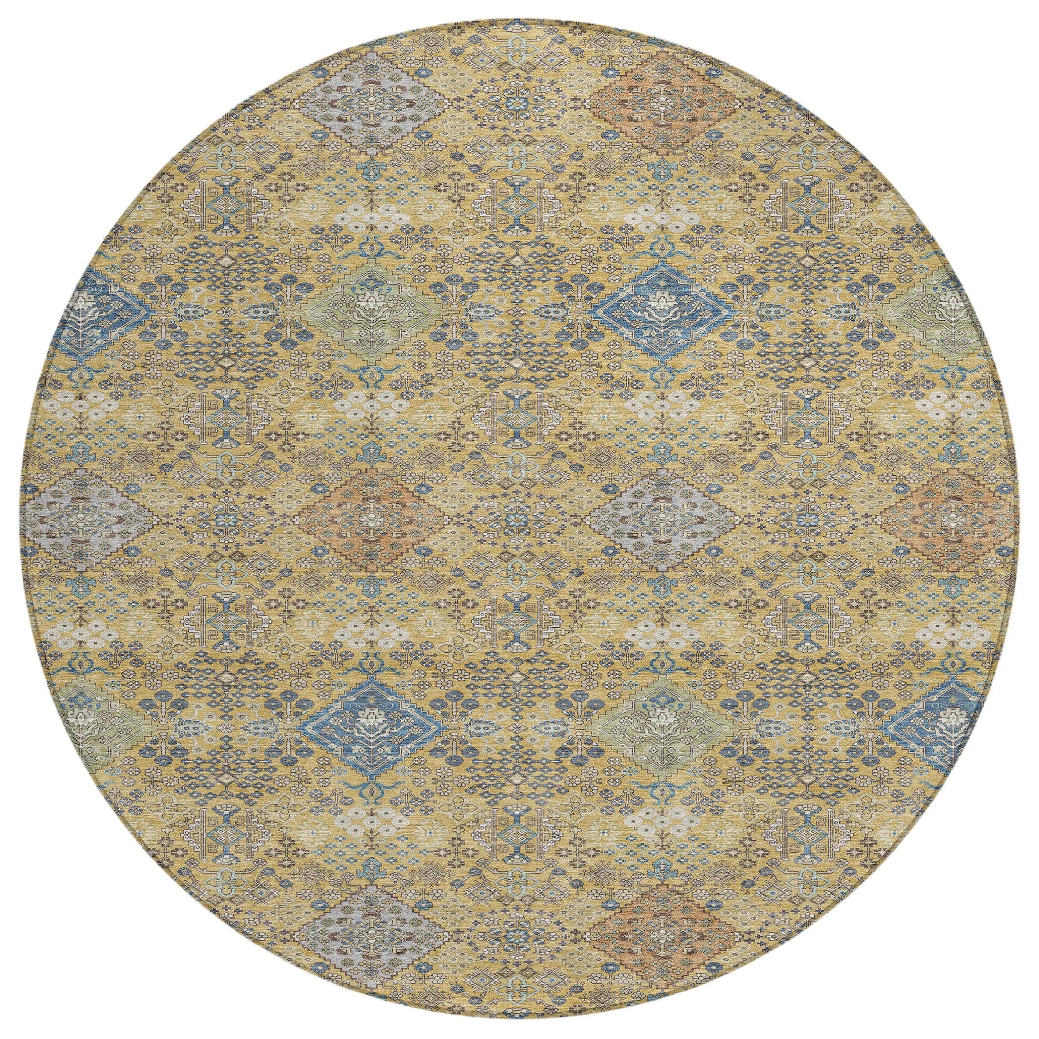 8' Gold And Copper Round Oriental Washable Indoor Outdoor Area Rug Homeroots Outdoor