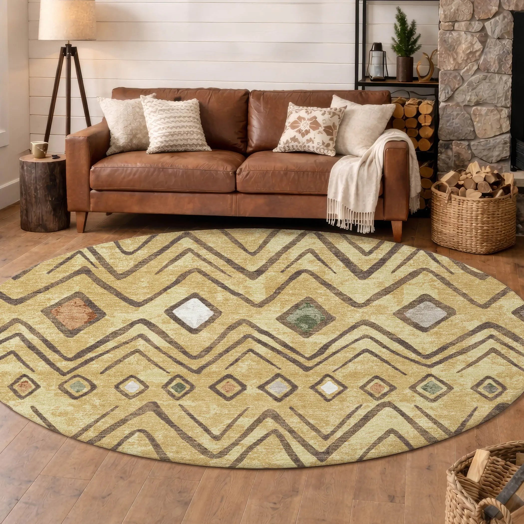 8' Gold And Green Round Geometric Washable Indoor Outdoor Area Rug Homeroots Outdoor