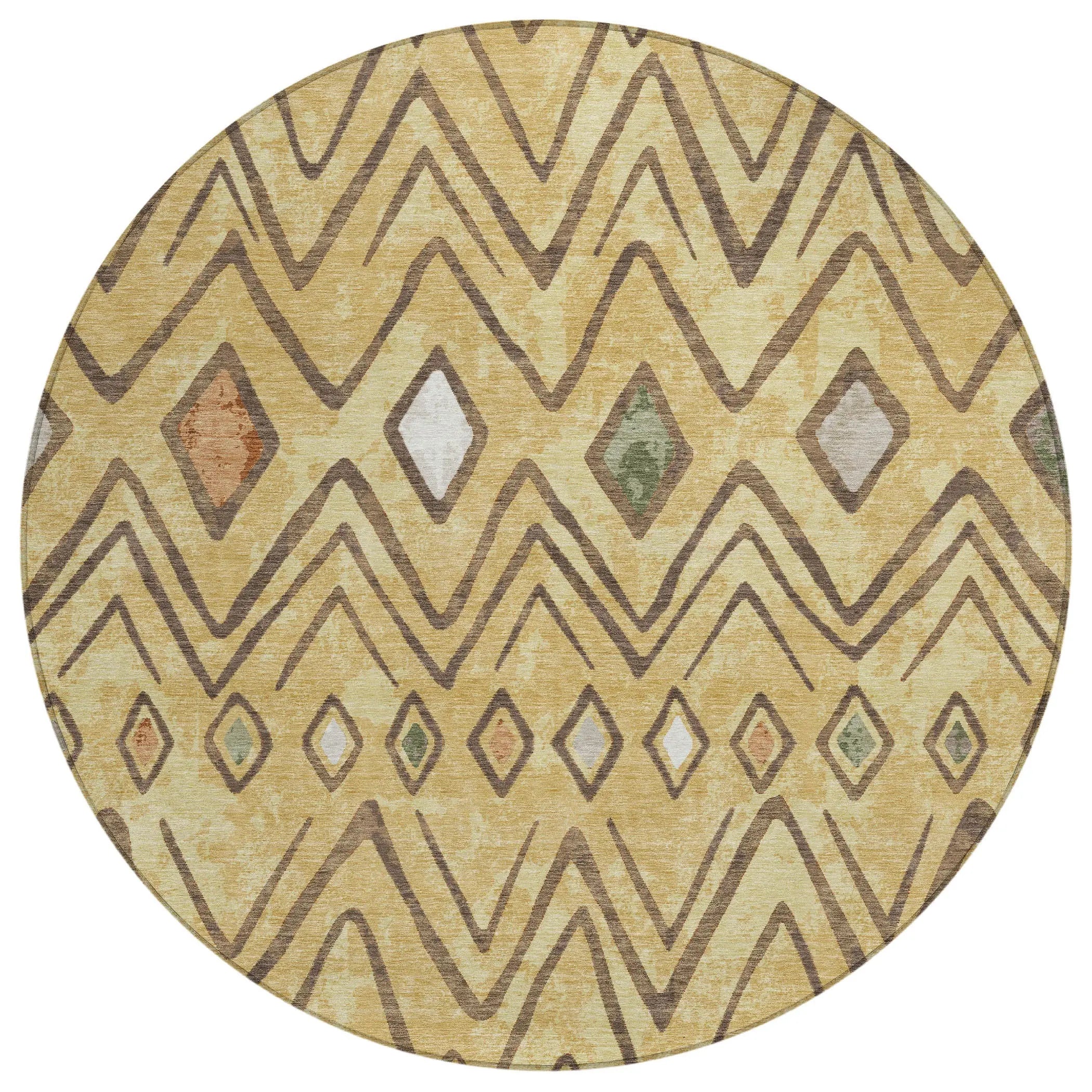8' Gold And Green Round Geometric Washable Indoor Outdoor Area Rug Homeroots Outdoor