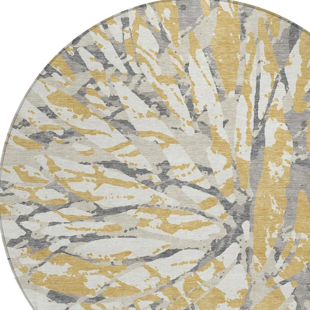 8' Gold And Ivory Round Abstract Washable Indoor Outdoor Area Rug Homeroots Outdoor