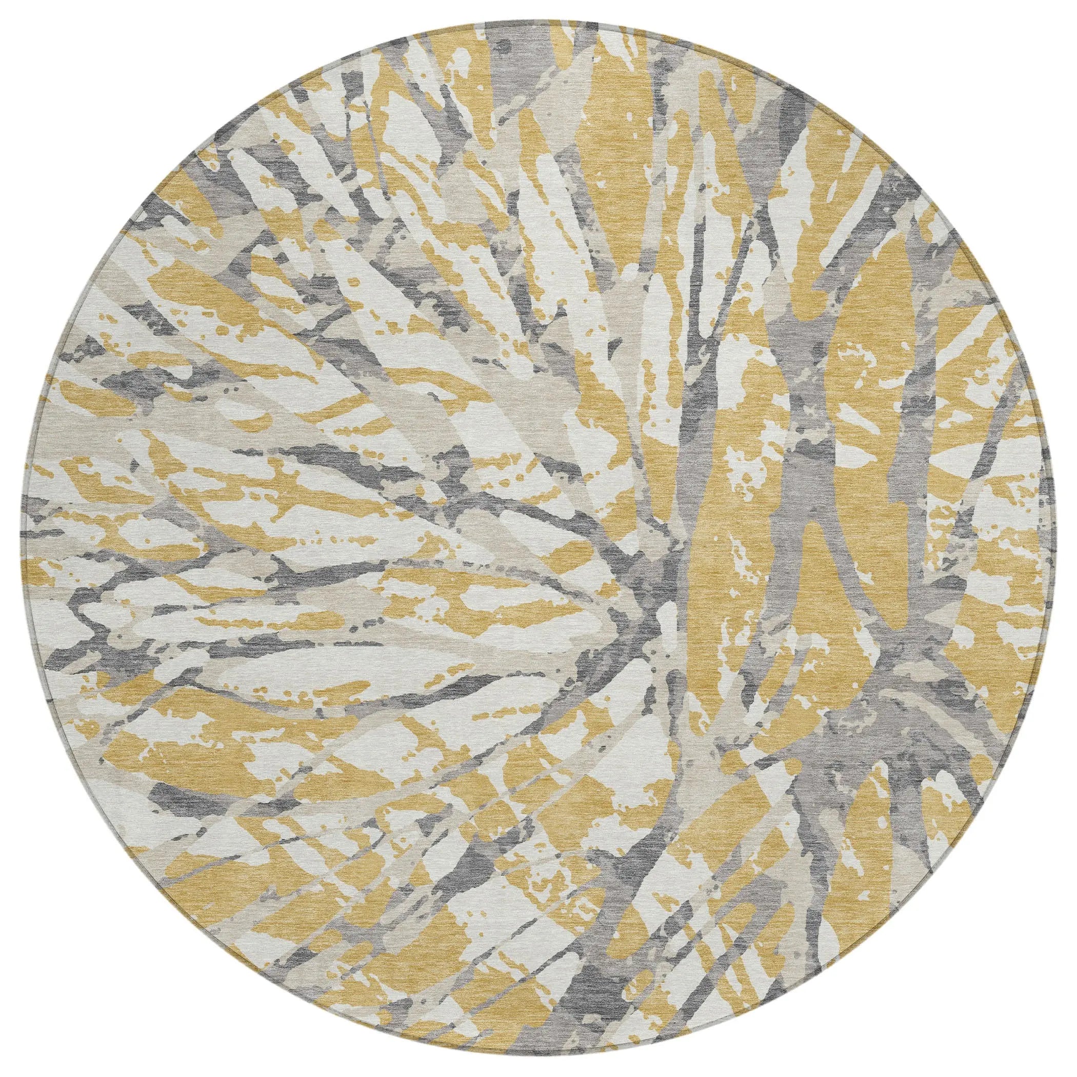 8' Gold And Ivory Round Abstract Washable Indoor Outdoor Area Rug Homeroots Outdoor