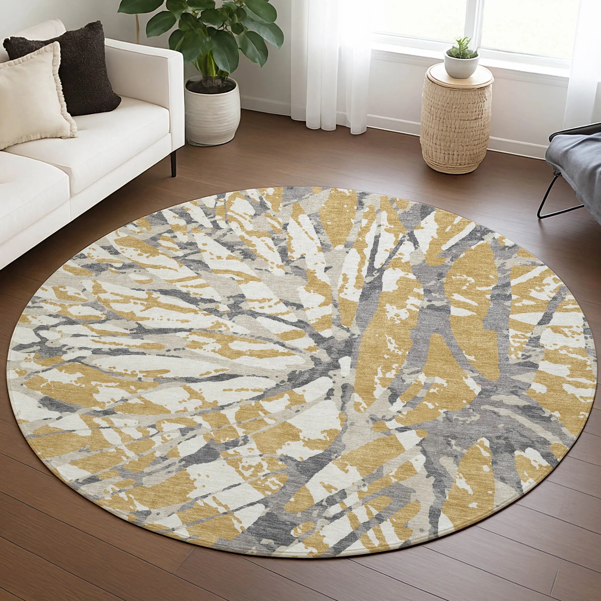 8' Gold And Ivory Round Abstract Washable Indoor Outdoor Area Rug Homeroots Outdoor