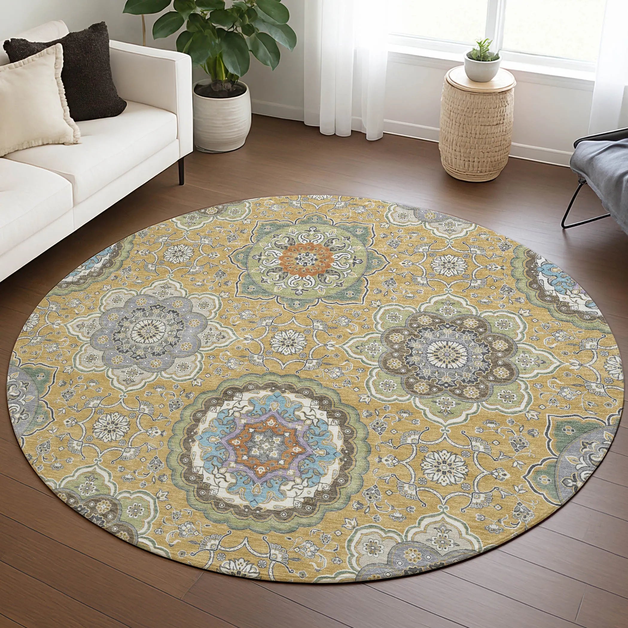 8' Gold And Ivory Round Floral Medallion Washable Indoor Outdoor Area Rug Homeroots Outdoor