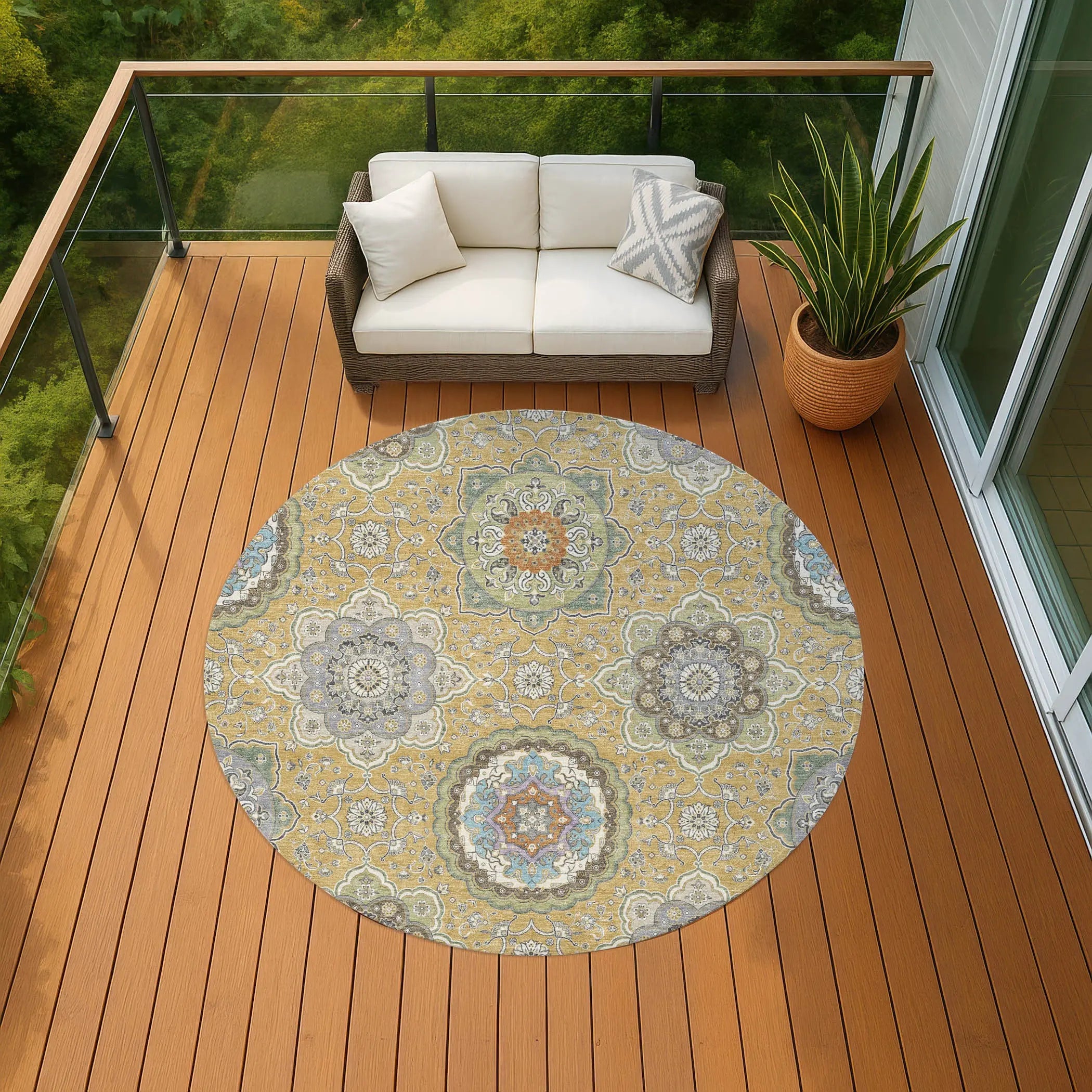 8' Gold And Ivory Round Floral Medallion Washable Indoor Outdoor Area Rug Homeroots Outdoor