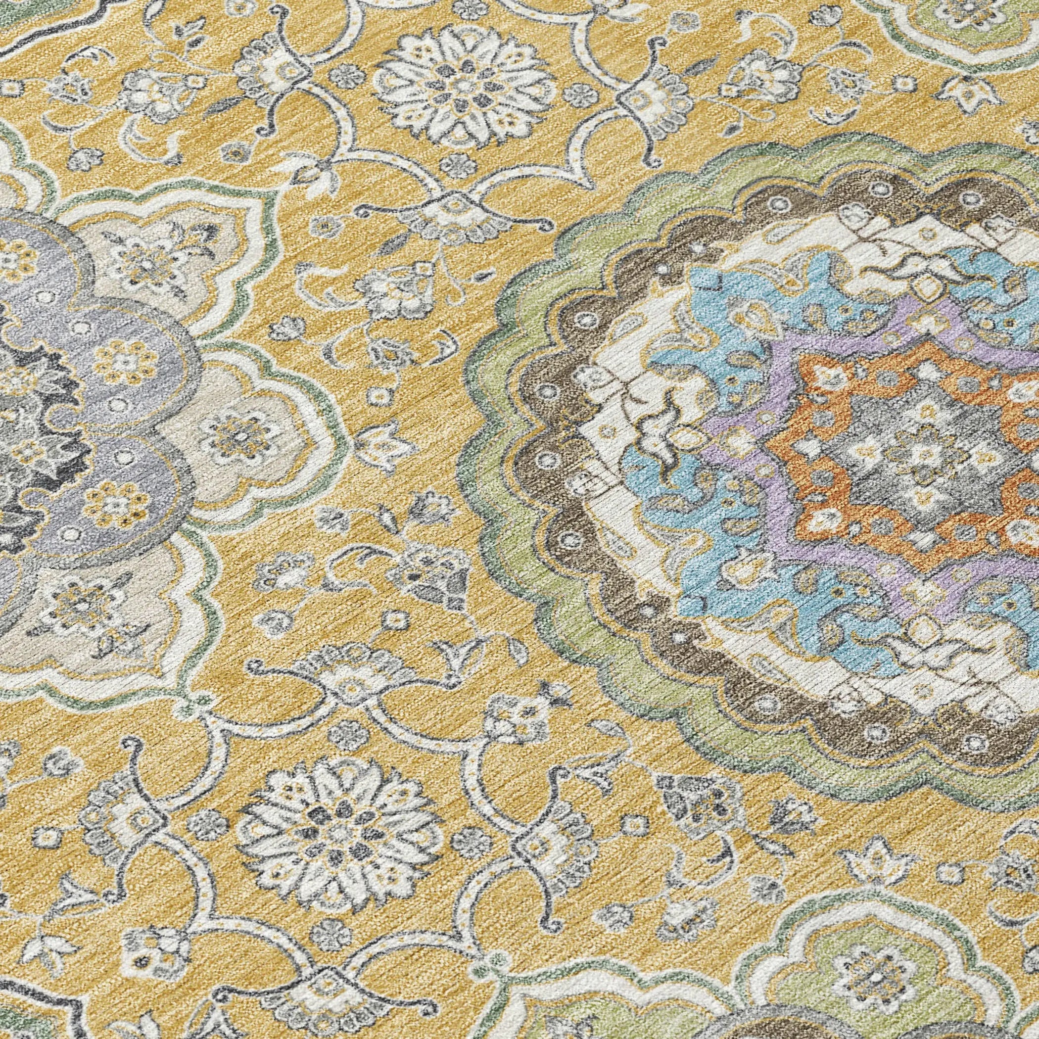 8' Gold And Ivory Round Floral Medallion Washable Indoor Outdoor Area Rug Homeroots Outdoor