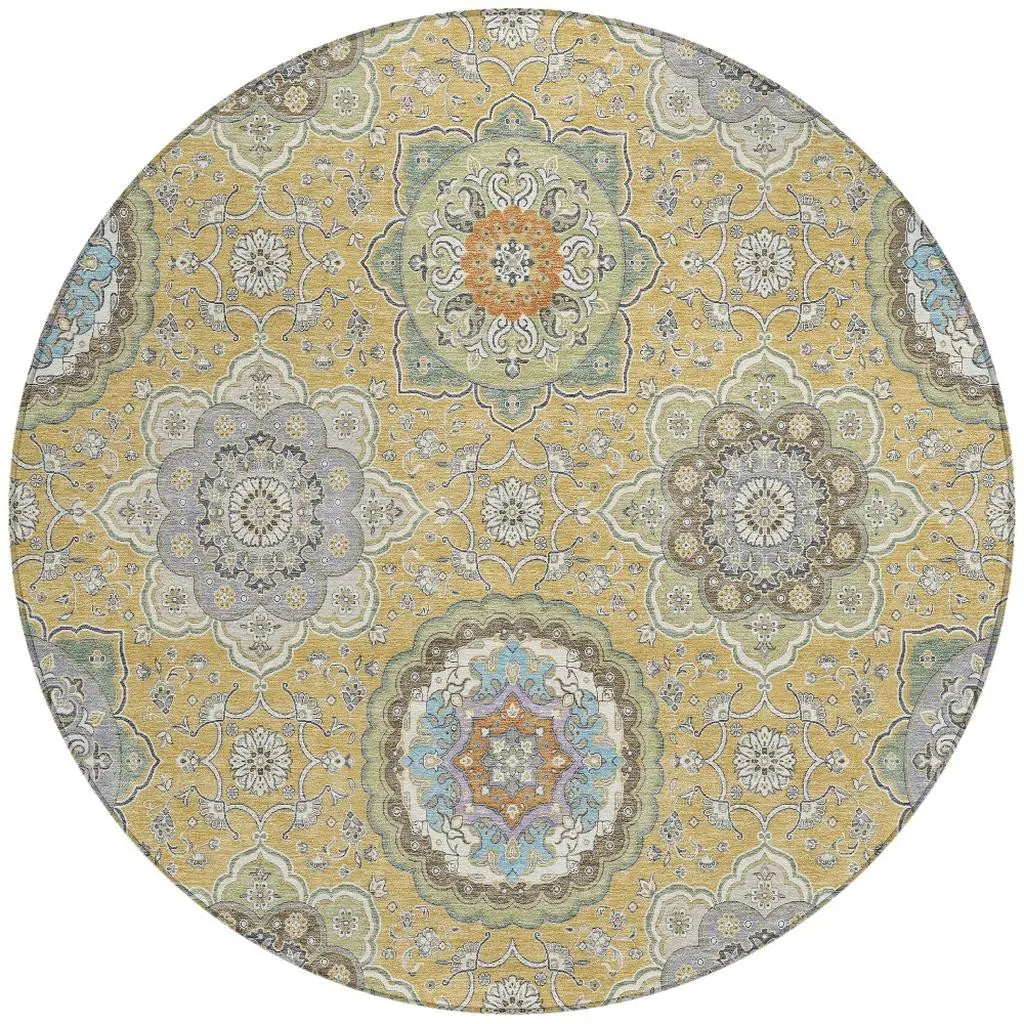 8' Gold And Ivory Round Floral Medallion Washable Indoor Outdoor Area Rug Homeroots Outdoor
