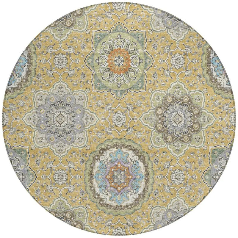 8' Gold And Ivory Round Floral Medallion Washable Indoor Outdoor Area Rug Homeroots Outdoor