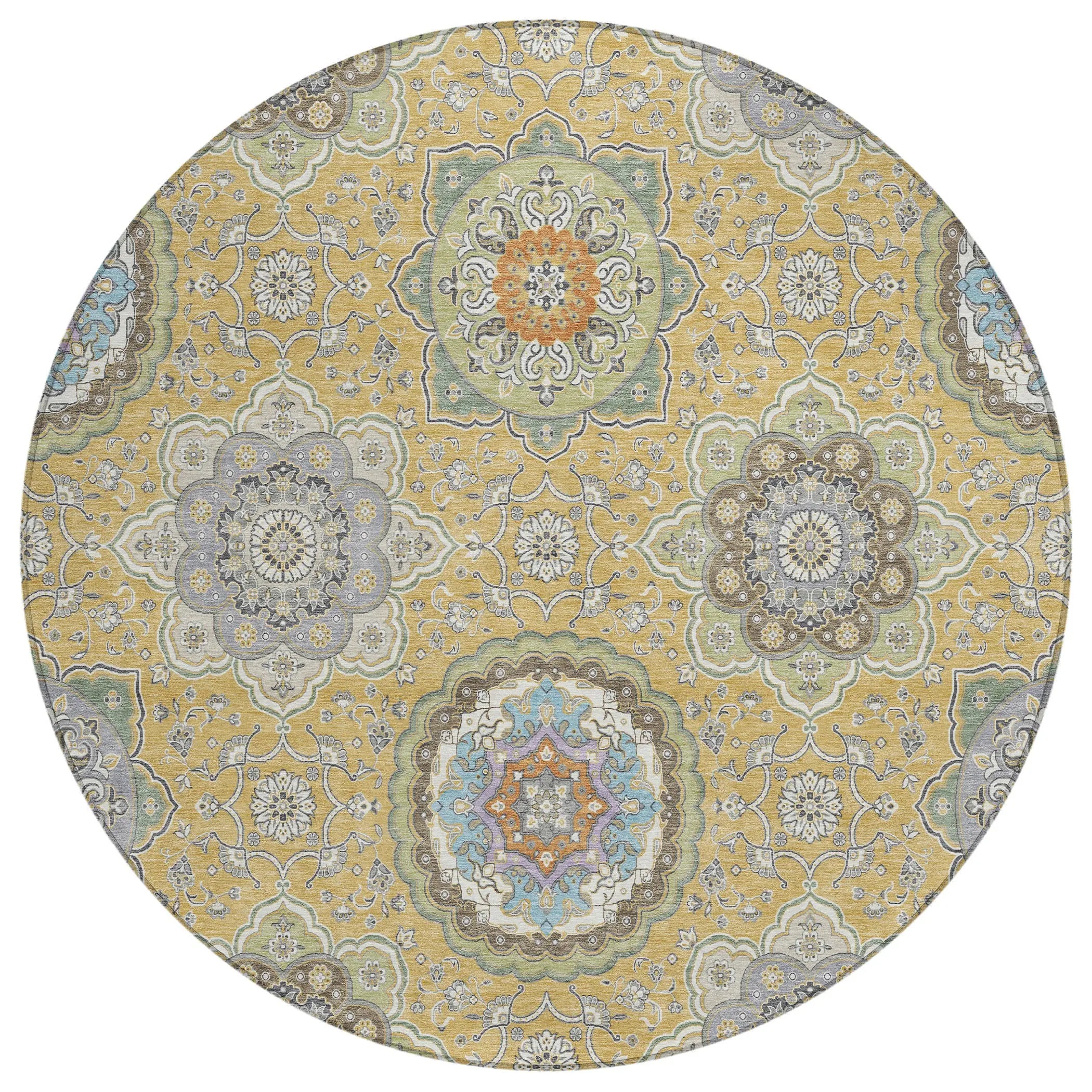8' Gold And Ivory Round Floral Medallion Washable Indoor Outdoor Area Rug Homeroots Outdoor