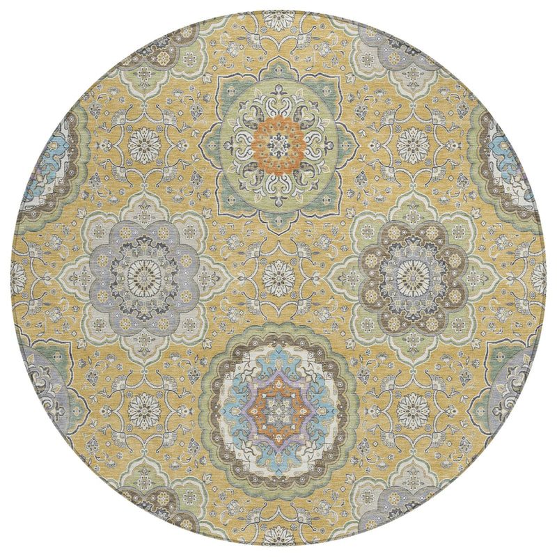 8' Gold And Ivory Round Floral Medallion Washable Indoor Outdoor Area Rug Homeroots Outdoor
