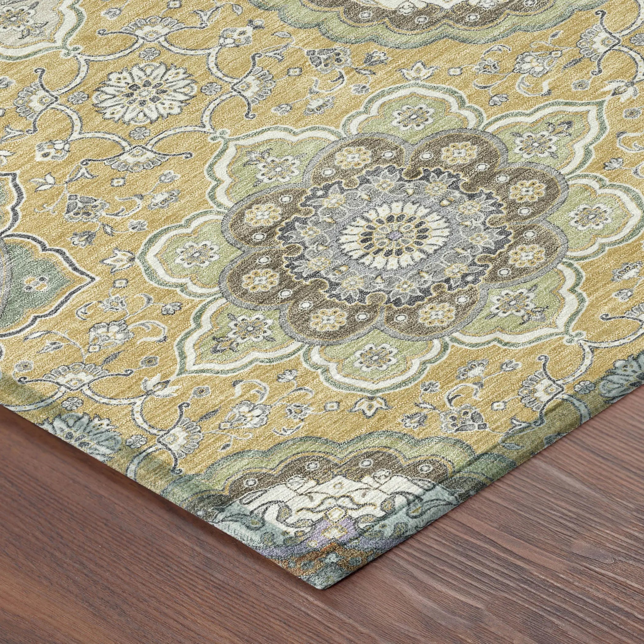 8' Gold And Ivory Round Floral Medallion Washable Indoor Outdoor Area Rug Homeroots Outdoor