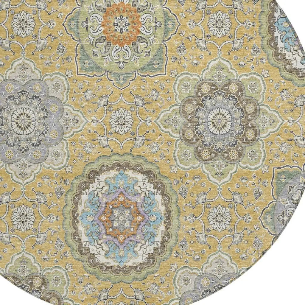 8' Gold And Ivory Round Floral Medallion Washable Indoor Outdoor Area Rug Homeroots Outdoor