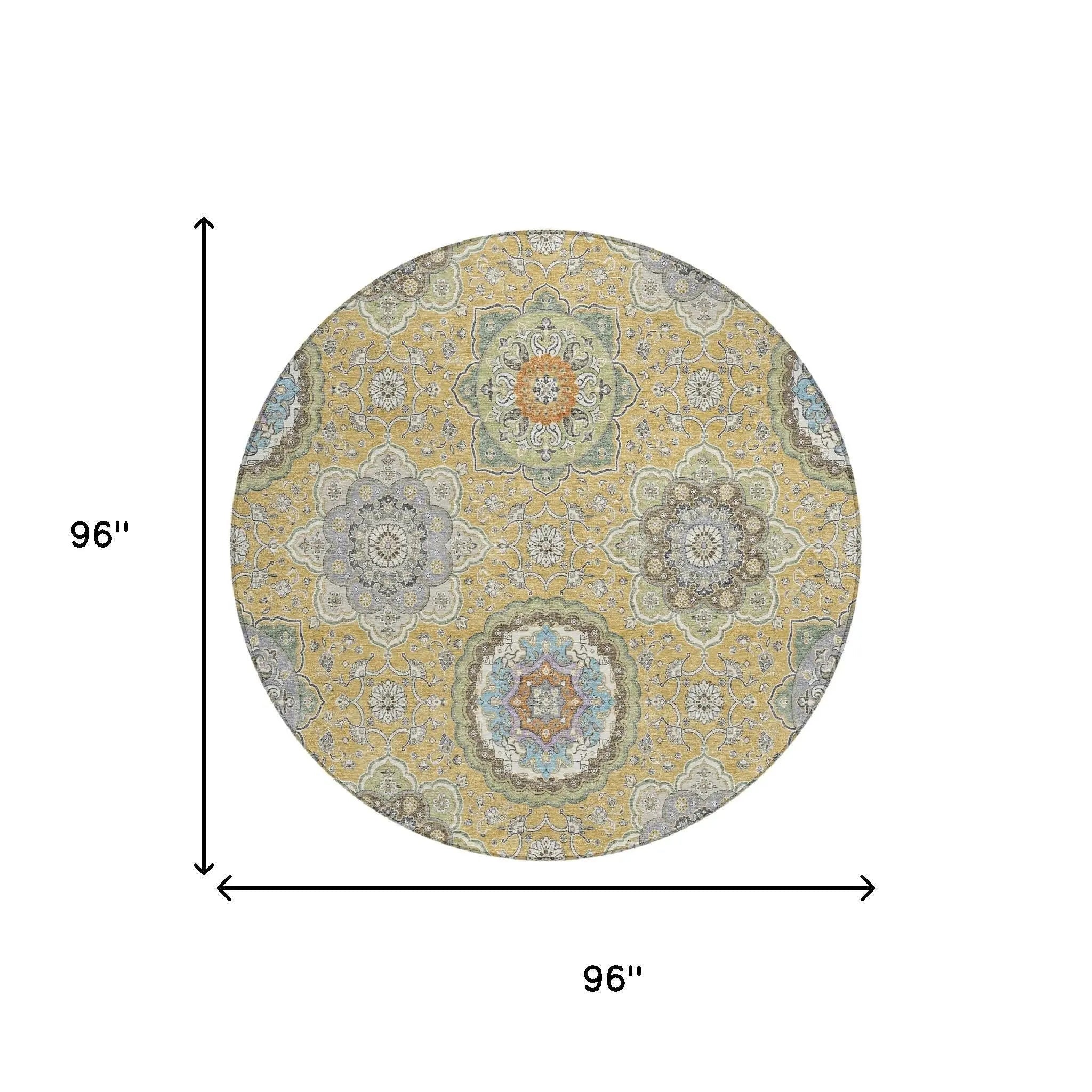 8' Gold And Ivory Round Floral Medallion Washable Indoor Outdoor Area Rug Homeroots Outdoor
