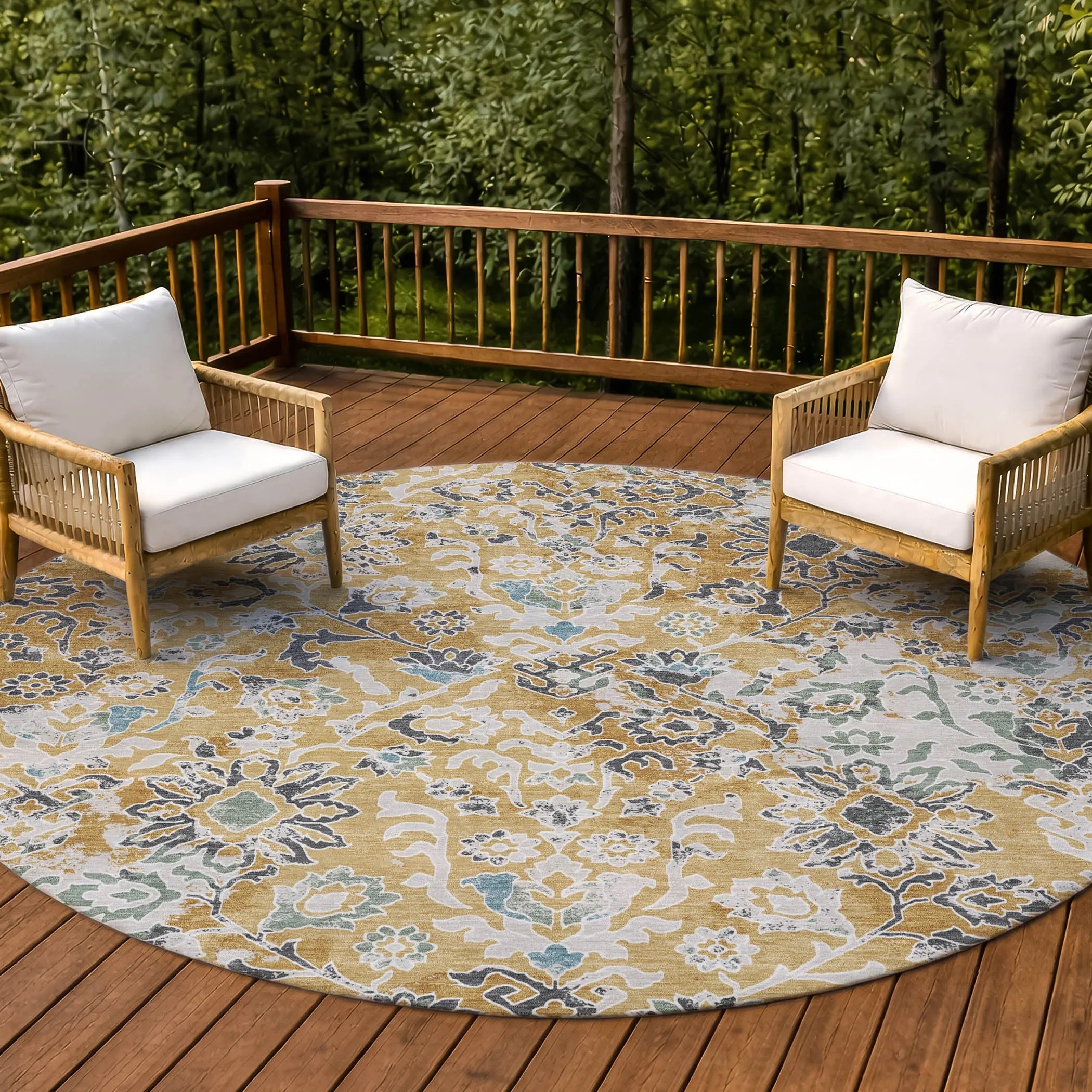 8' Gold And Ivory Round Geometric Washable Indoor Outdoor Area Rug Homeroots Outdoor