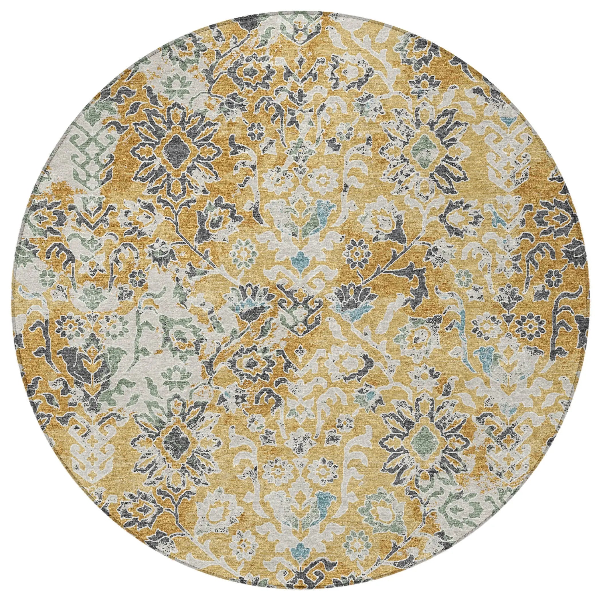 8' Gold And Ivory Round Geometric Washable Indoor Outdoor Area Rug Homeroots Outdoor