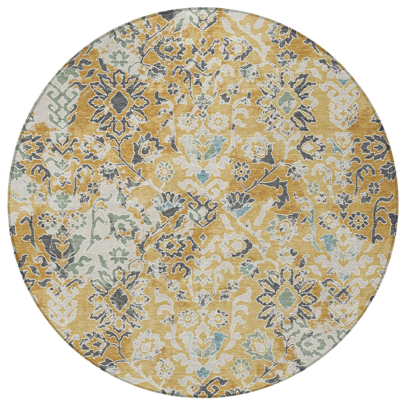 8' Gold And Ivory Round Geometric Washable Indoor Outdoor Area Rug Homeroots Outdoor