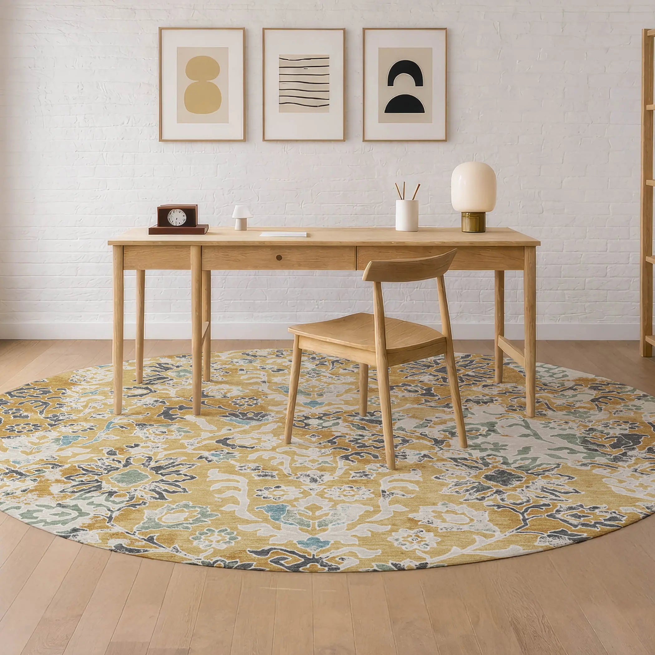 8' Gold And Ivory Round Geometric Washable Indoor Outdoor Area Rug Homeroots Outdoor