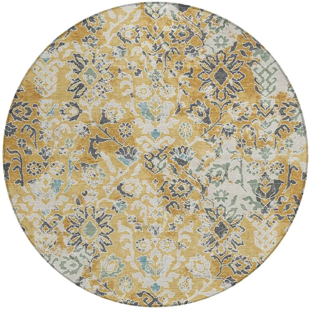 8' Gold And Ivory Round Geometric Washable Indoor Outdoor Area Rug Homeroots Outdoor