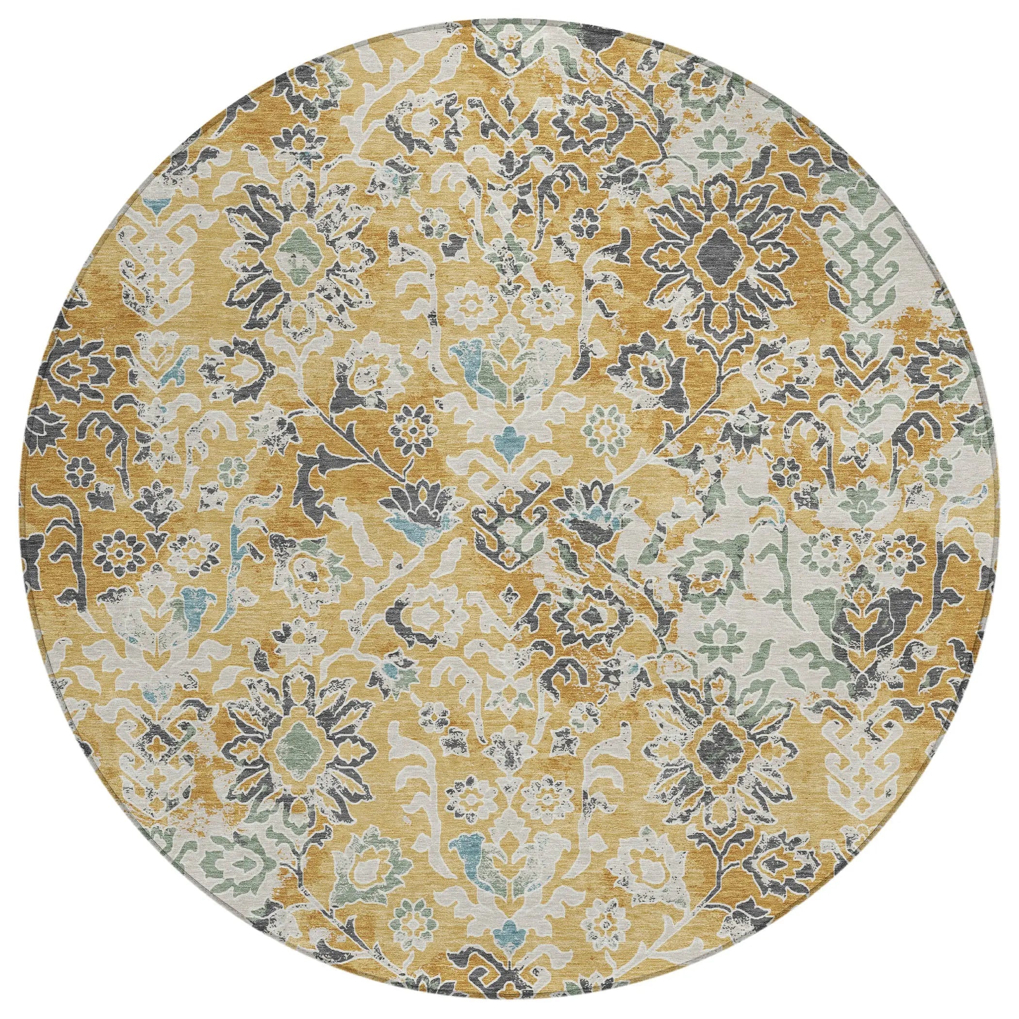 8' Gold And Ivory Round Geometric Washable Indoor Outdoor Area Rug Homeroots Outdoor