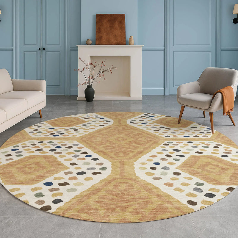 8' Gold And Ivory Round Tribal Washable Indoor Outdoor Area Rug Homeroots Outdoor