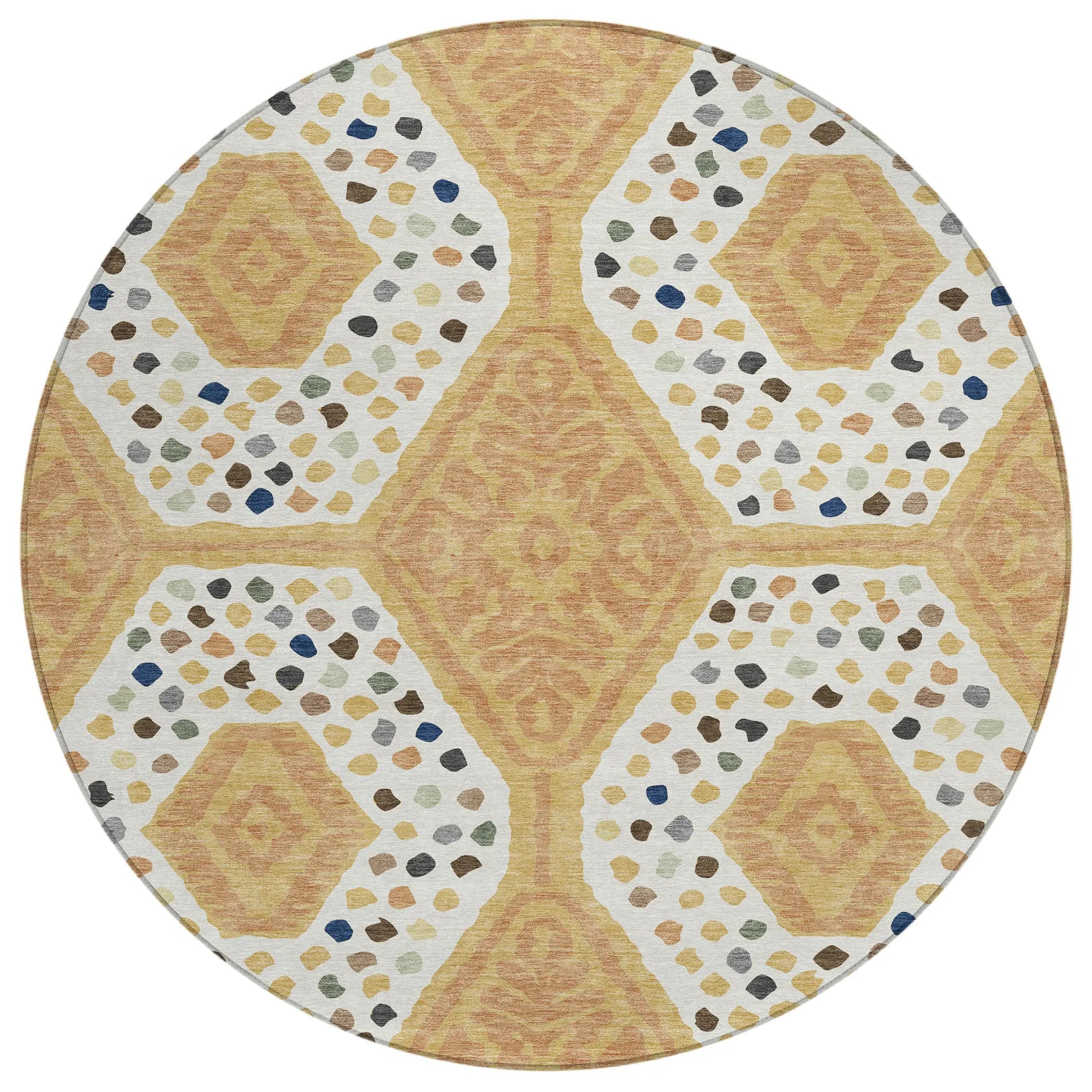 8' Gold And Ivory Round Tribal Washable Indoor Outdoor Area Rug Homeroots Outdoor