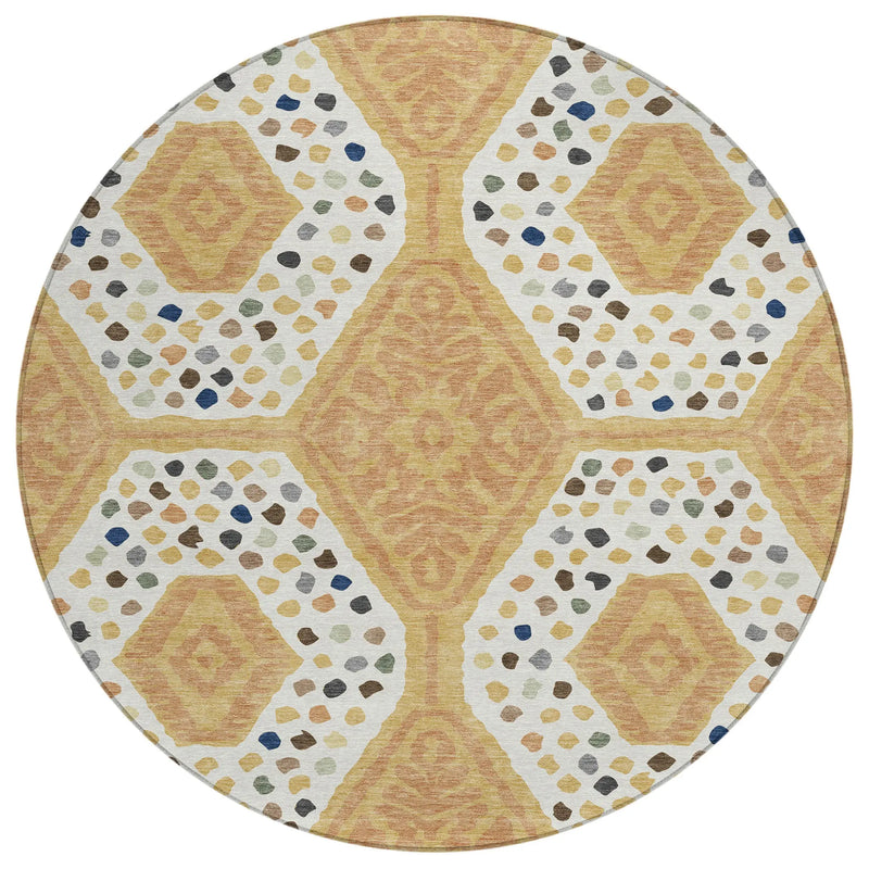 8' Gold And Ivory Round Tribal Washable Indoor Outdoor Area Rug Homeroots Outdoor