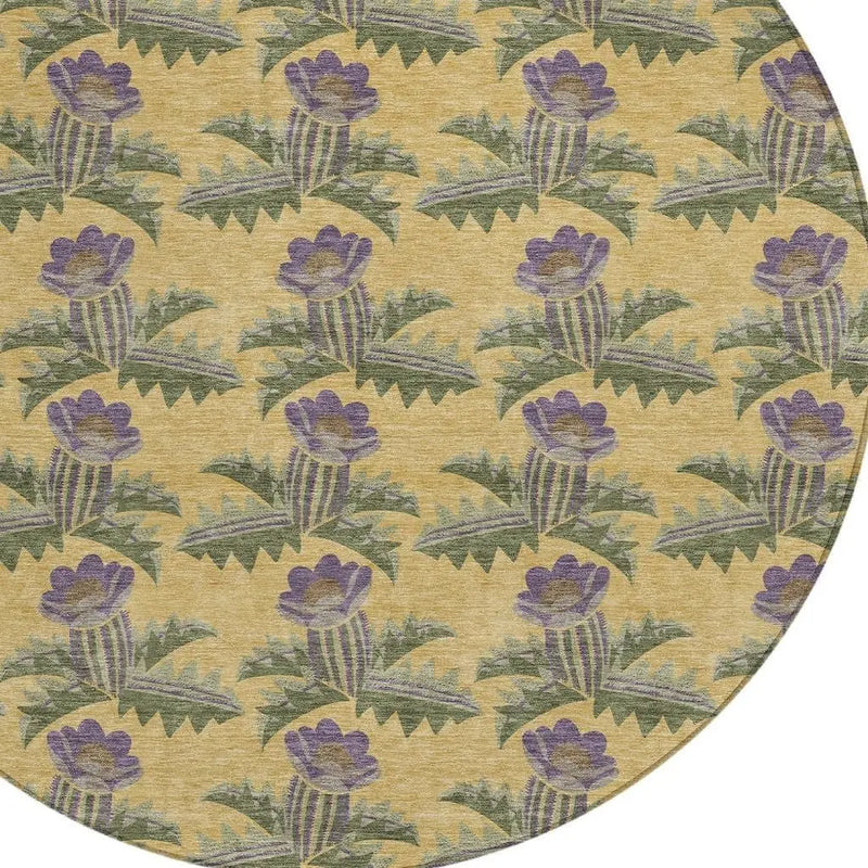 8' Gold And Khaki Round Floral Washable Indoor Outdoor Area Rug Homeroots Outdoor
