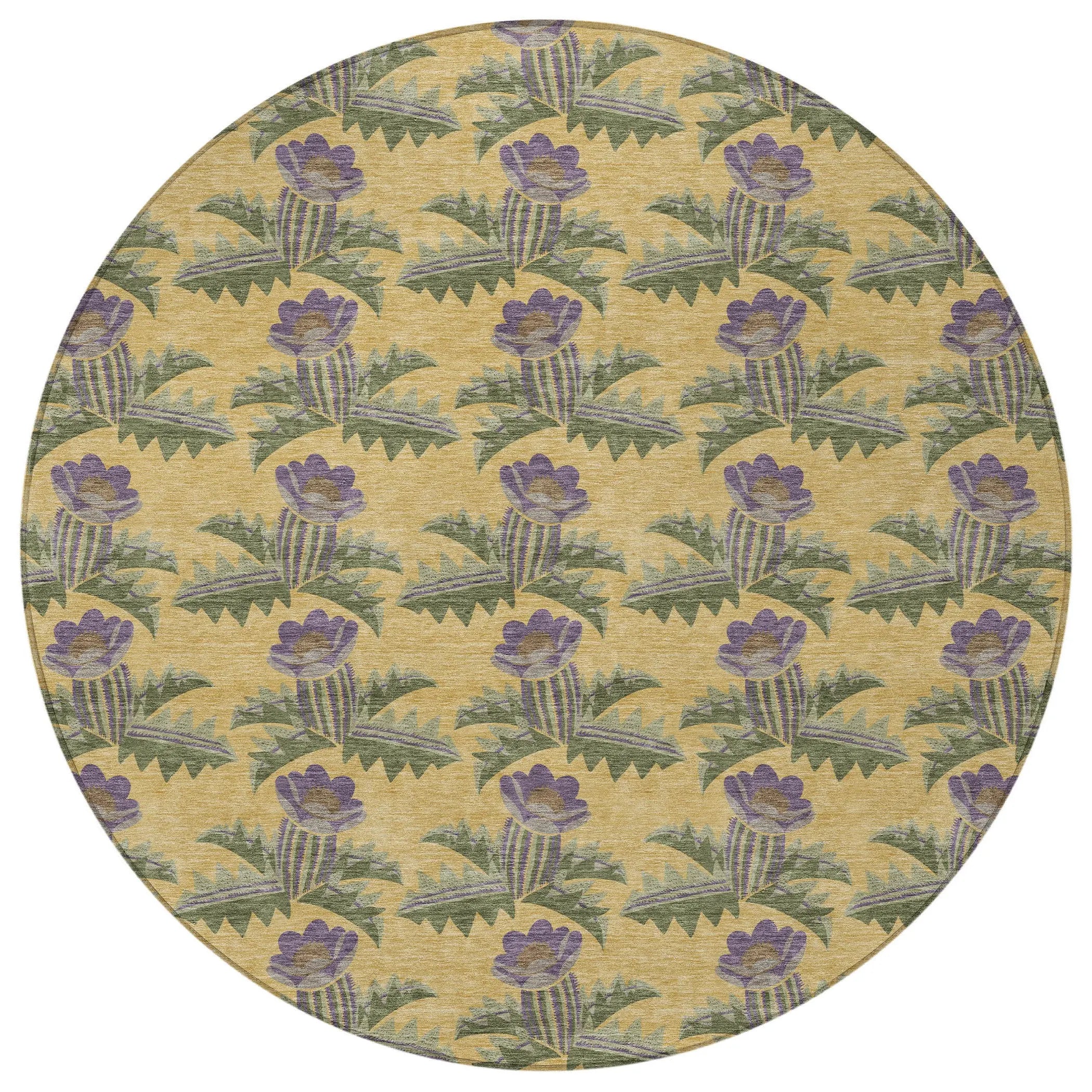 8' Gold And Khaki Round Floral Washable Indoor Outdoor Area Rug Homeroots Outdoor