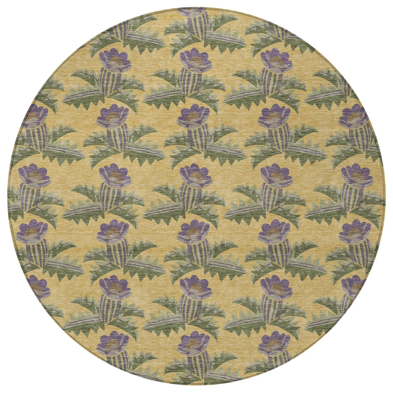 8' Gold And Khaki Round Floral Washable Indoor Outdoor Area Rug Homeroots Outdoor