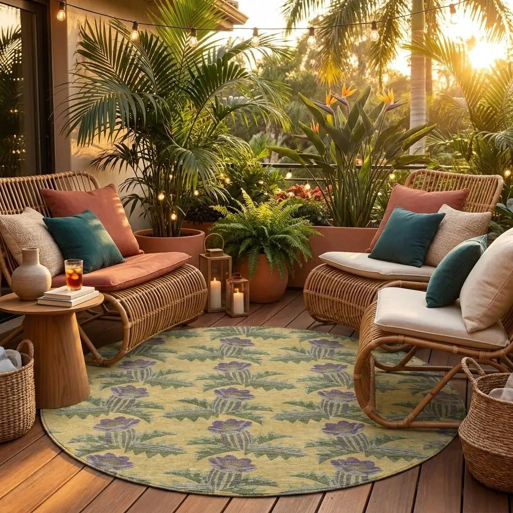 8' Gold And Khaki Round Floral Washable Indoor Outdoor Area Rug Homeroots Outdoor