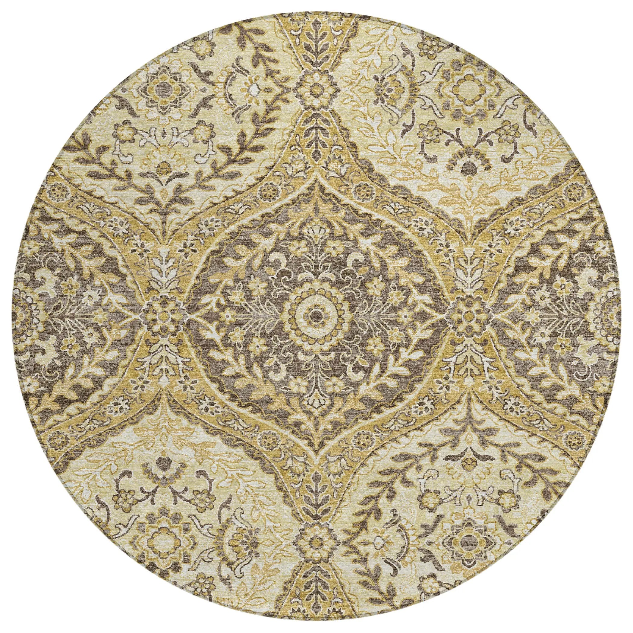 8' Gold And Khaki Round Ogee Washable Indoor Outdoor Area Rug Homeroots Outdoor