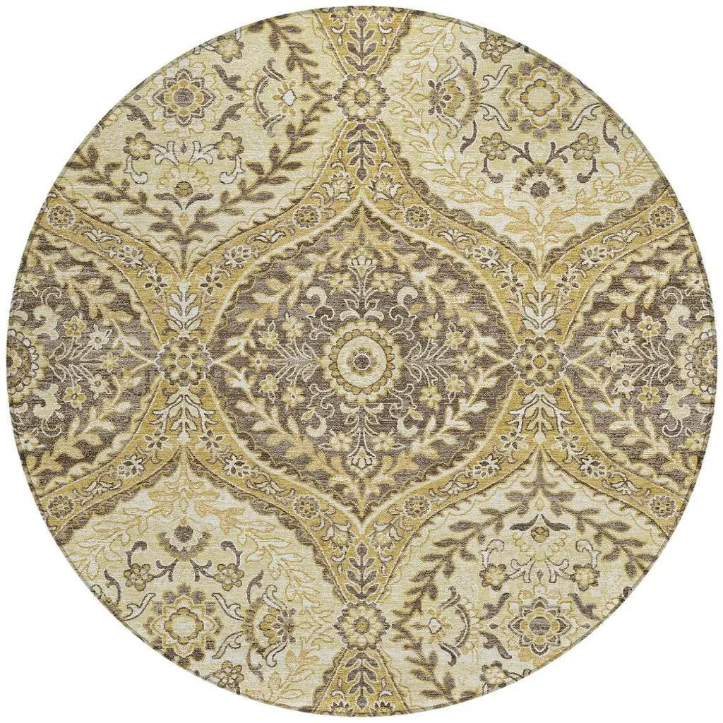 8' Gold And Khaki Round Ogee Washable Indoor Outdoor Area Rug Homeroots Outdoor