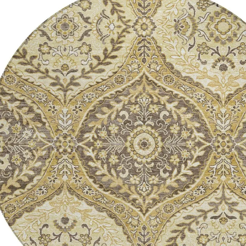 8' Gold And Khaki Round Ogee Washable Indoor Outdoor Area Rug Homeroots Outdoor