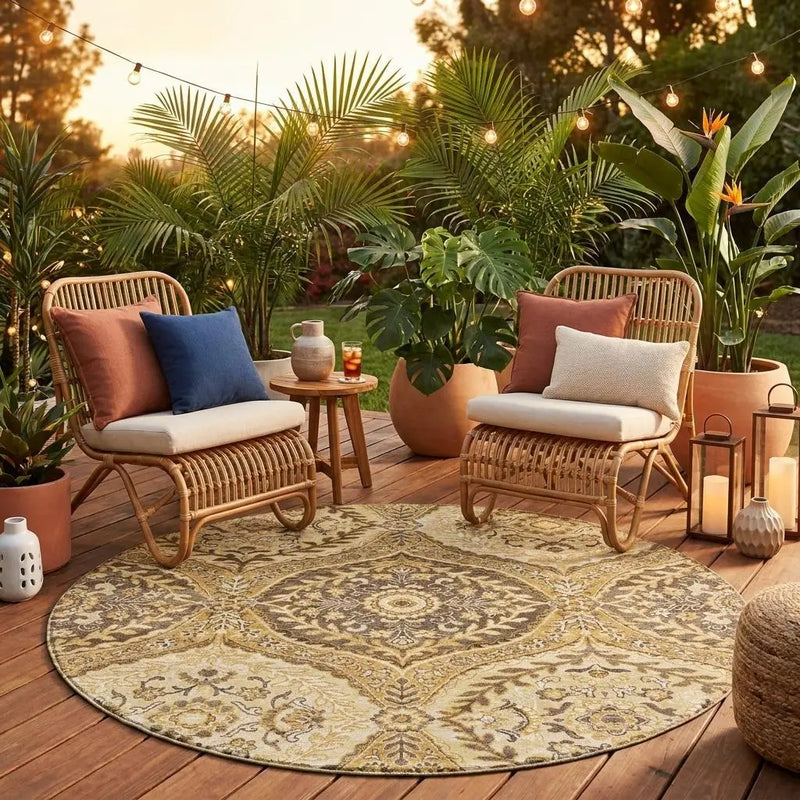 8' Gold And Khaki Round Ogee Washable Indoor Outdoor Area Rug Homeroots Outdoor