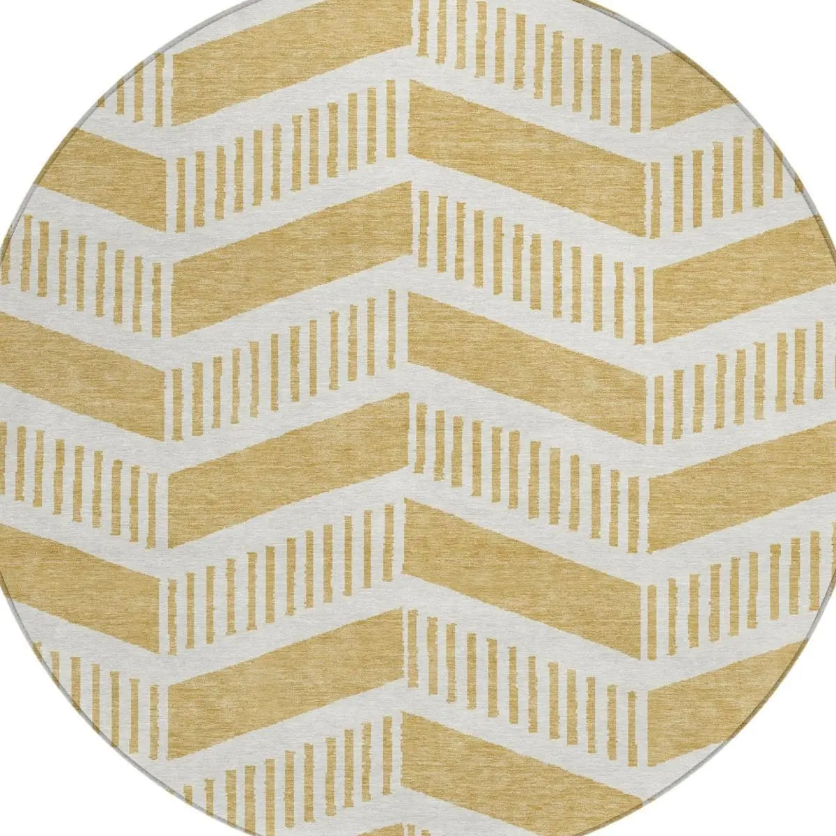 8' Gold And Linen Round Geometric Washable Indoor Outdoor Area Rug Homeroots Outdoor