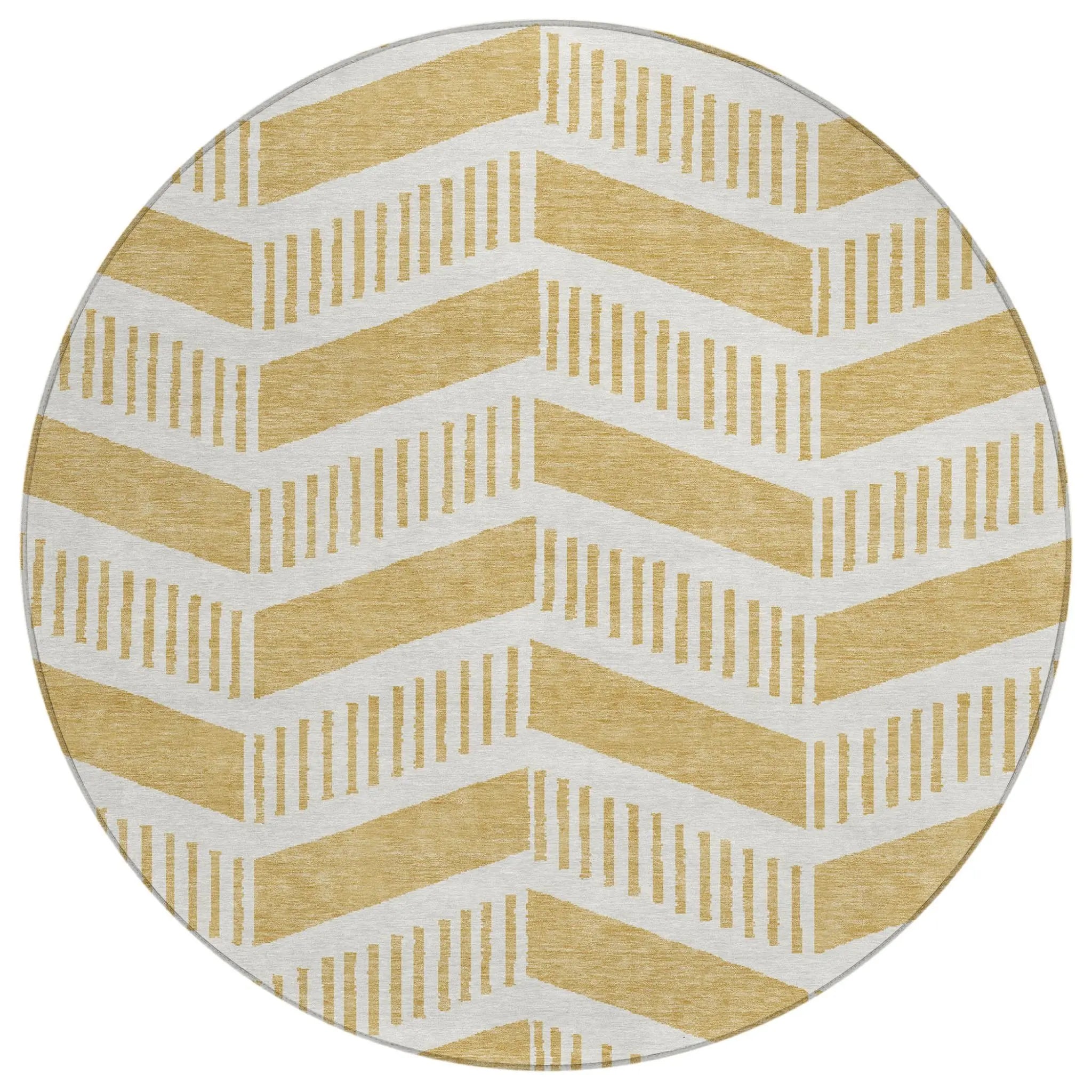 8' Gold And Linen Round Geometric Washable Indoor Outdoor Area Rug Homeroots Outdoor