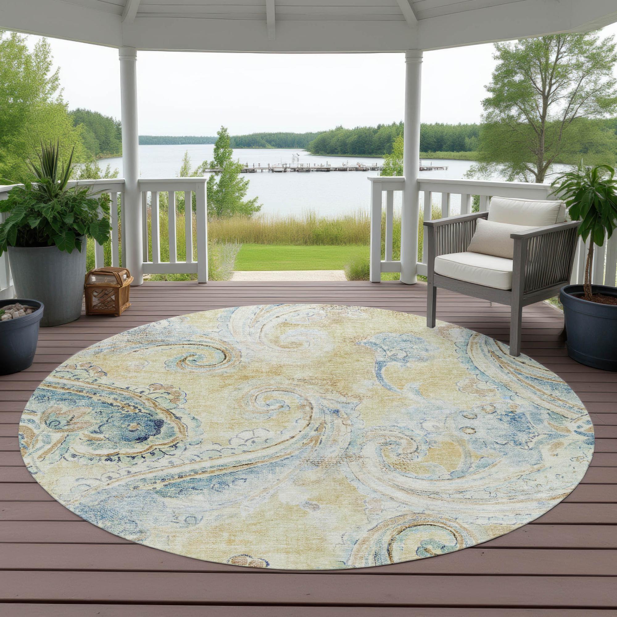 8' Gold And Mint Green Round Paisley Washable Indoor Outdoor Area Rug Homeroots Outdoor