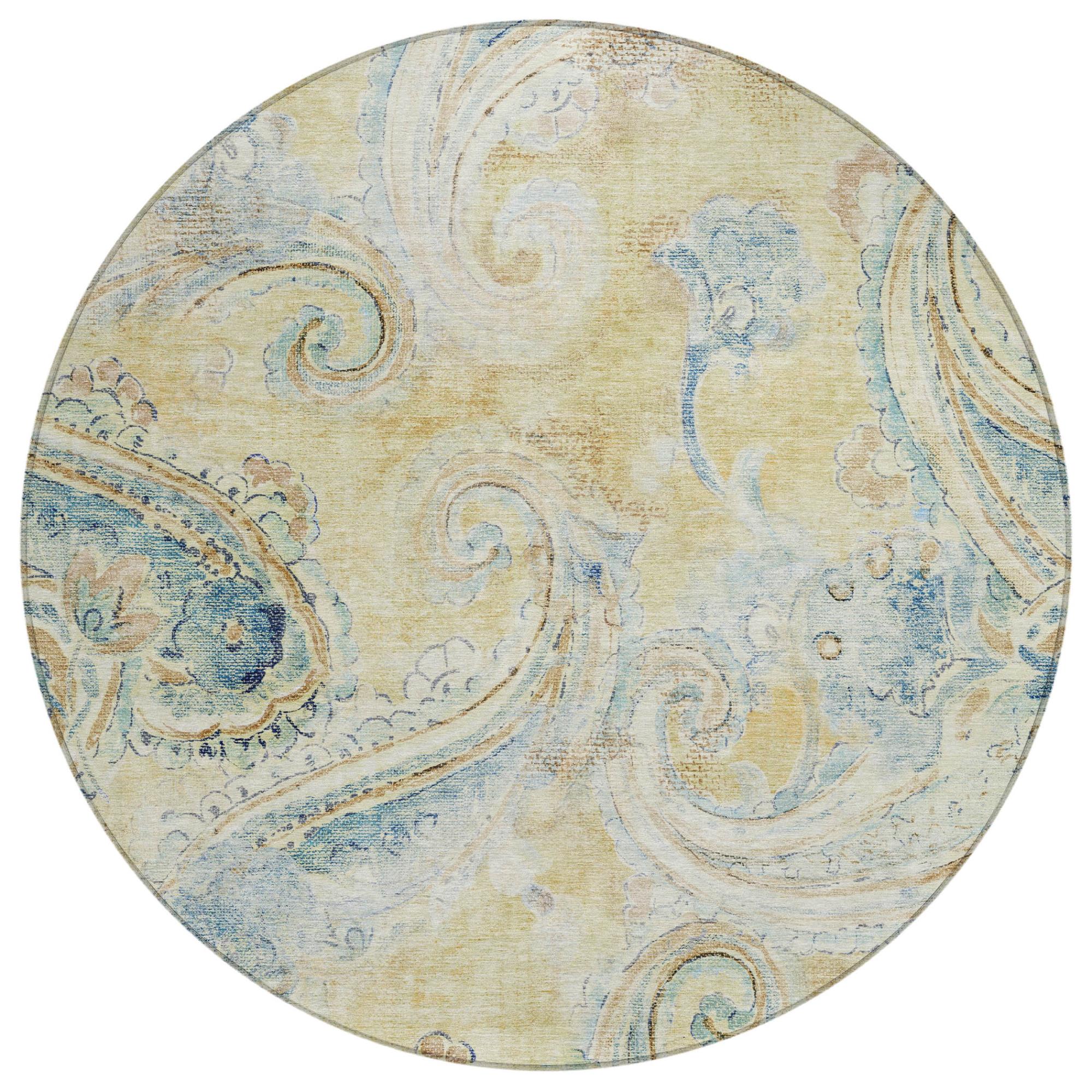 8' Gold And Mint Green Round Paisley Washable Indoor Outdoor Area Rug Homeroots Outdoor
