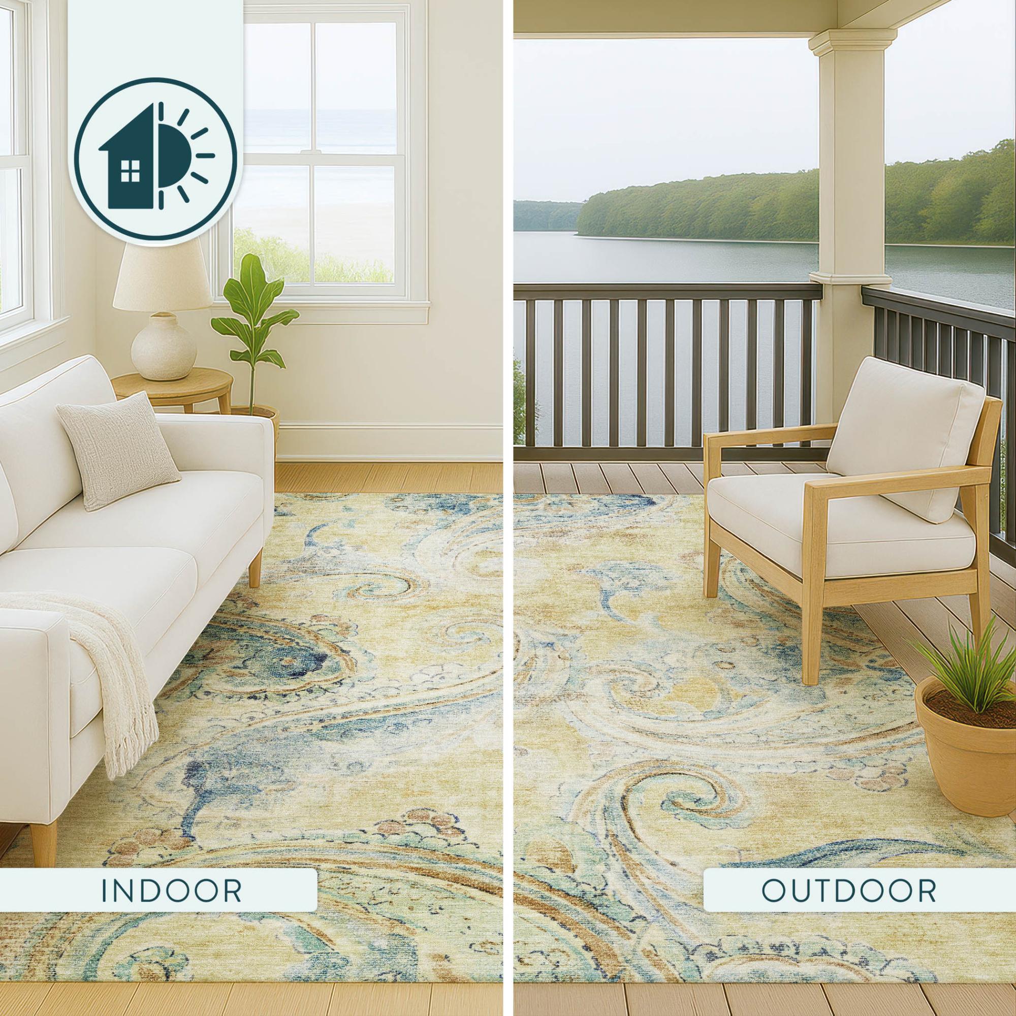 8' Gold And Mint Green Round Paisley Washable Indoor Outdoor Area Rug Homeroots Outdoor