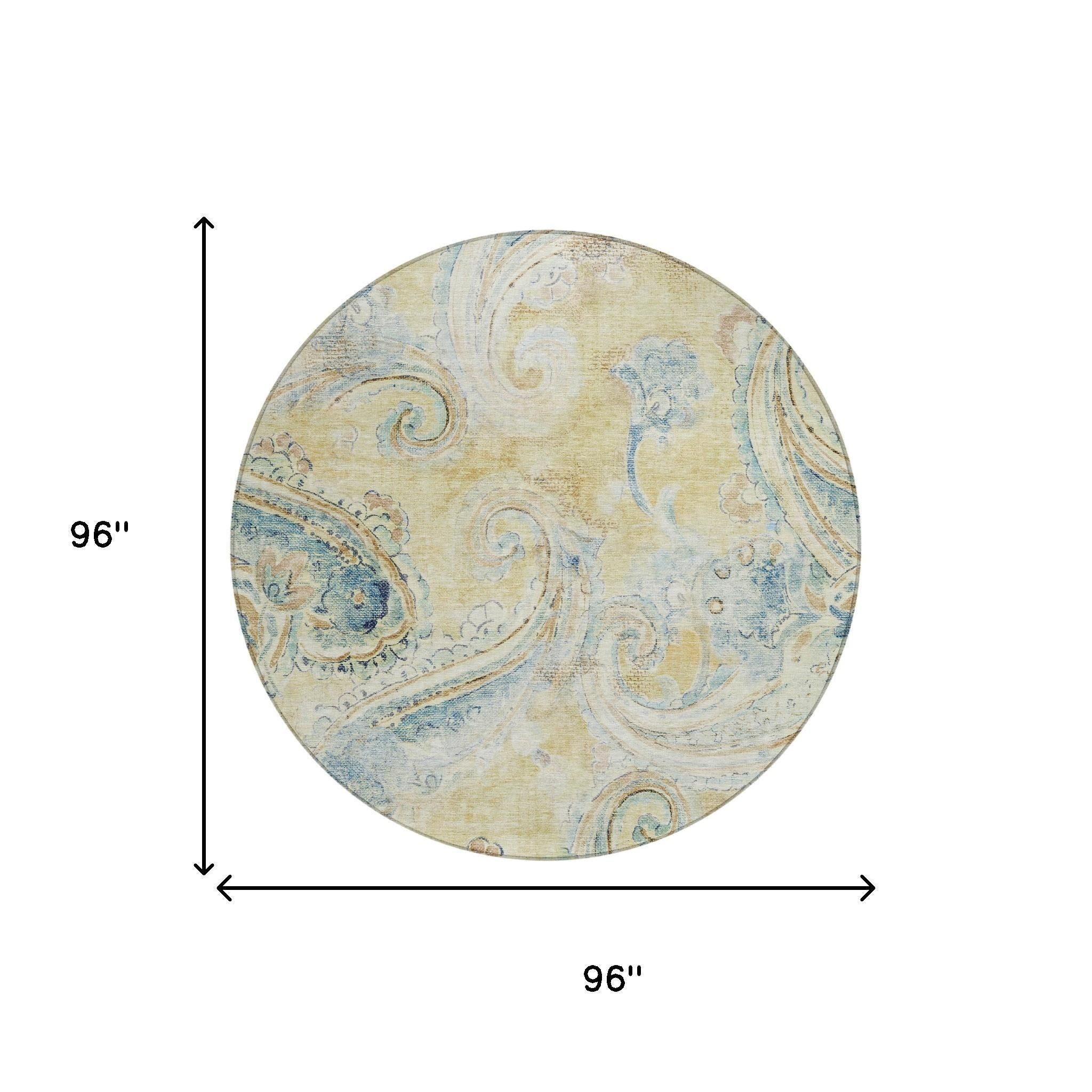 8' Gold And Mint Green Round Paisley Washable Indoor Outdoor Area Rug Homeroots Outdoor
