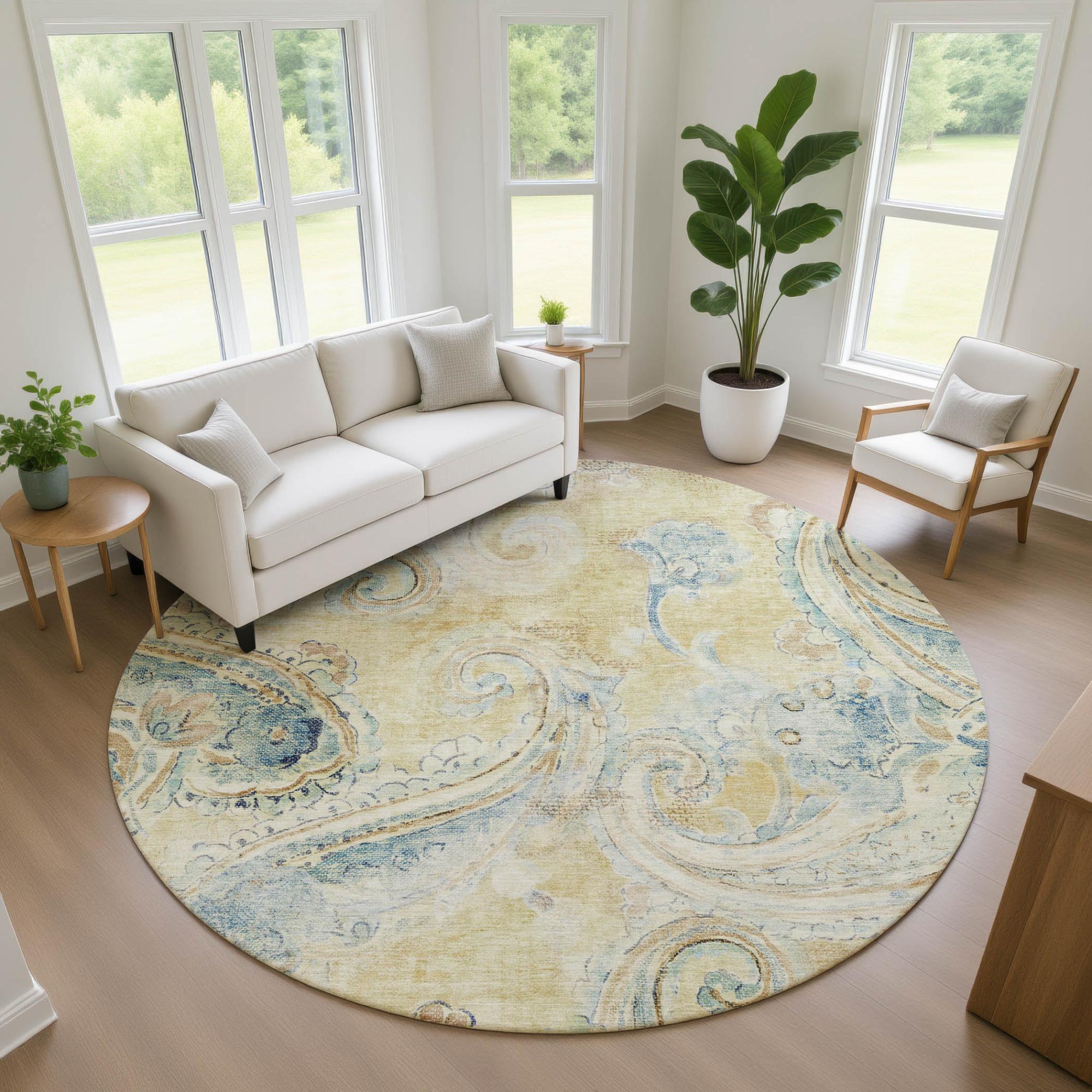 8' Gold And Mint Green Round Paisley Washable Indoor Outdoor Area Rug Homeroots Outdoor