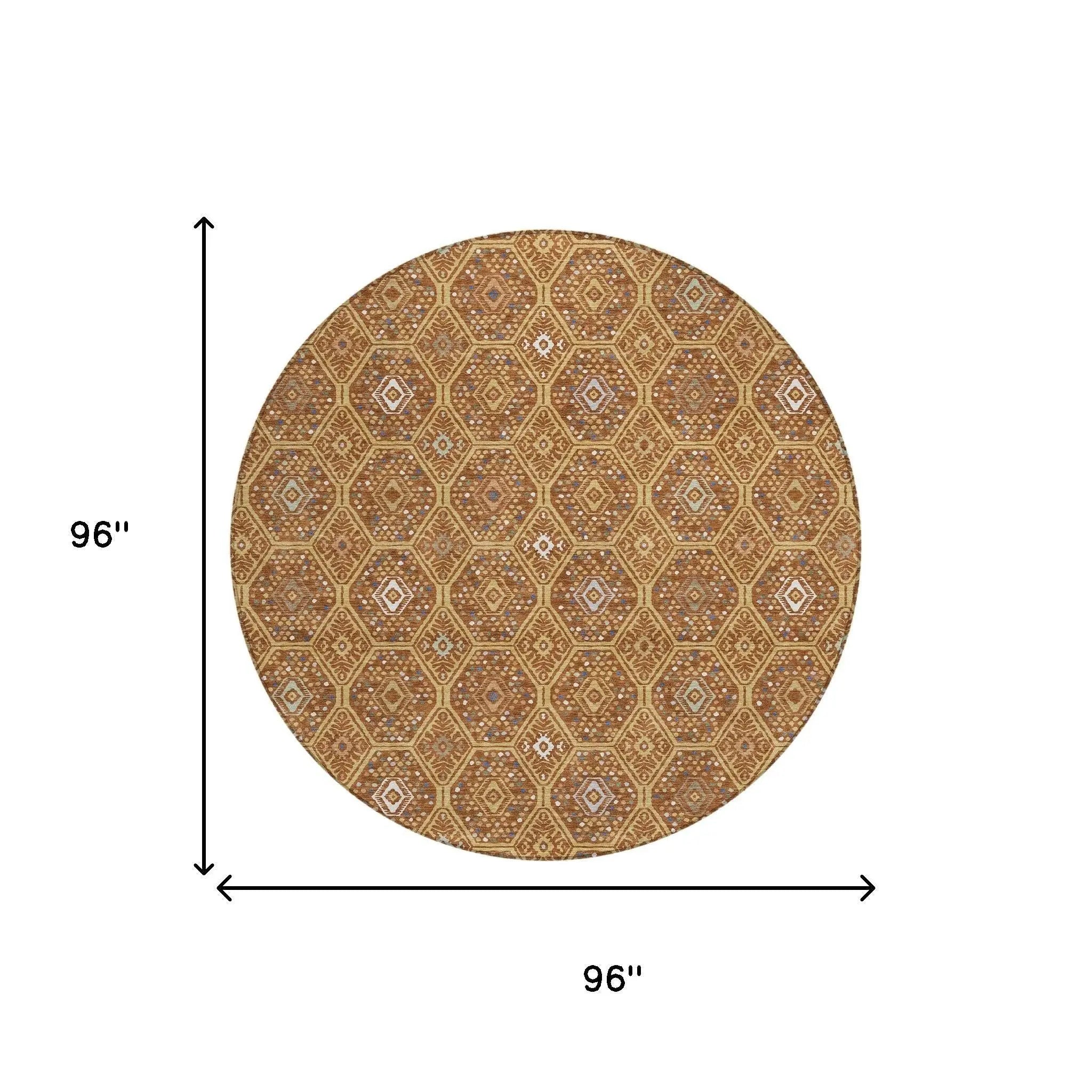 8' Gold And Orange Round Geometric Washable Indoor Outdoor Area Rug Homeroots Outdoor