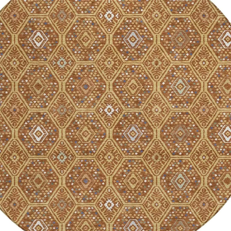 8' Gold And Orange Round Geometric Washable Indoor Outdoor Area Rug Homeroots Outdoor