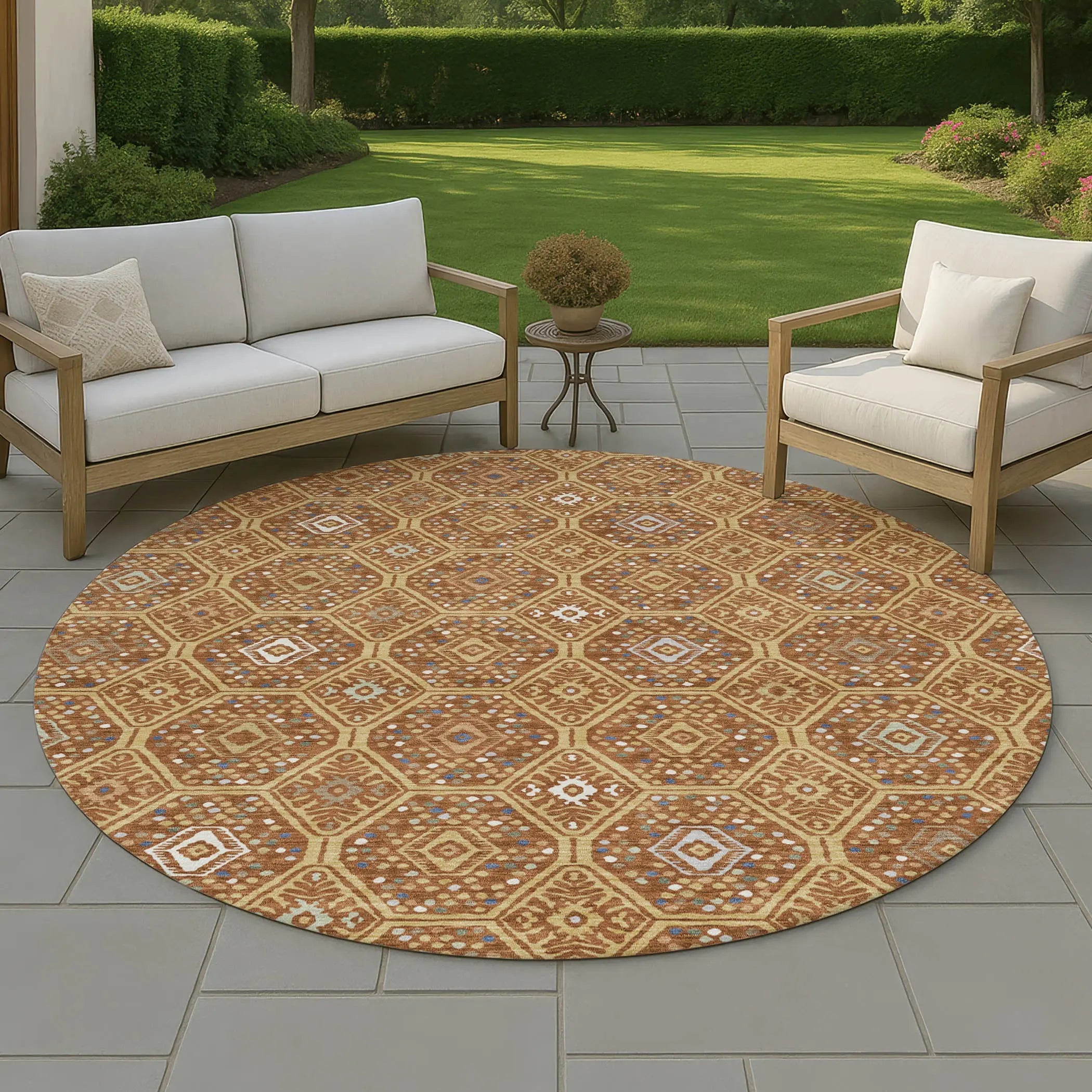 8' Gold And Orange Round Geometric Washable Indoor Outdoor Area Rug Homeroots Outdoor
