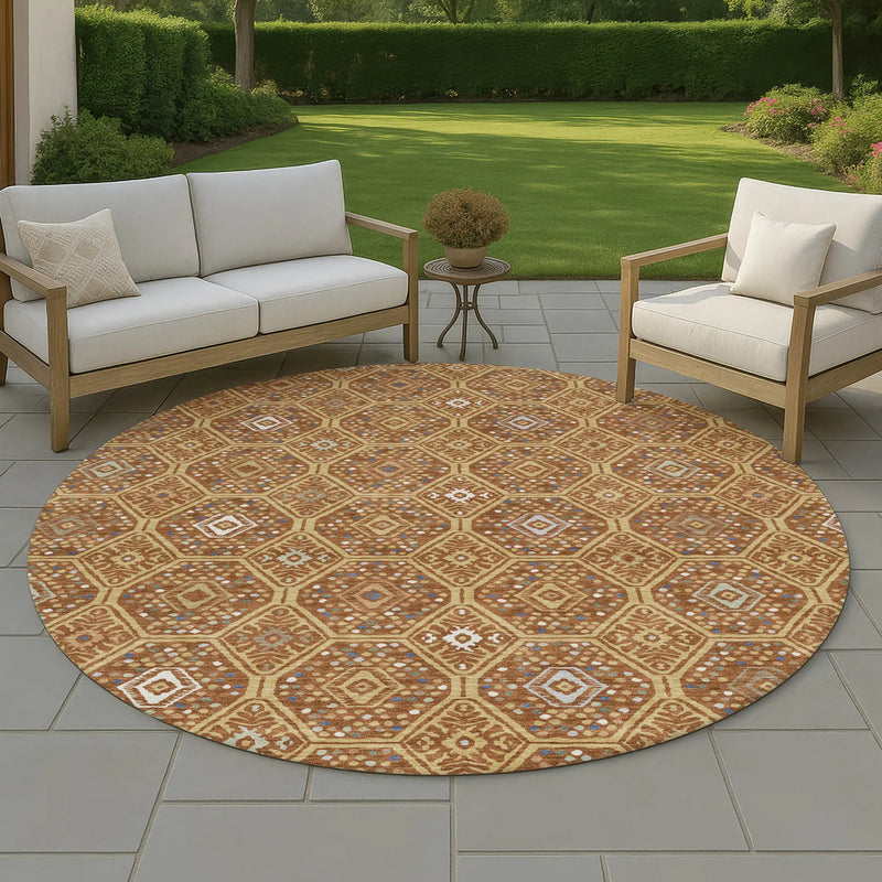 8' Gold And Orange Round Geometric Washable Indoor Outdoor Area Rug Homeroots Outdoor