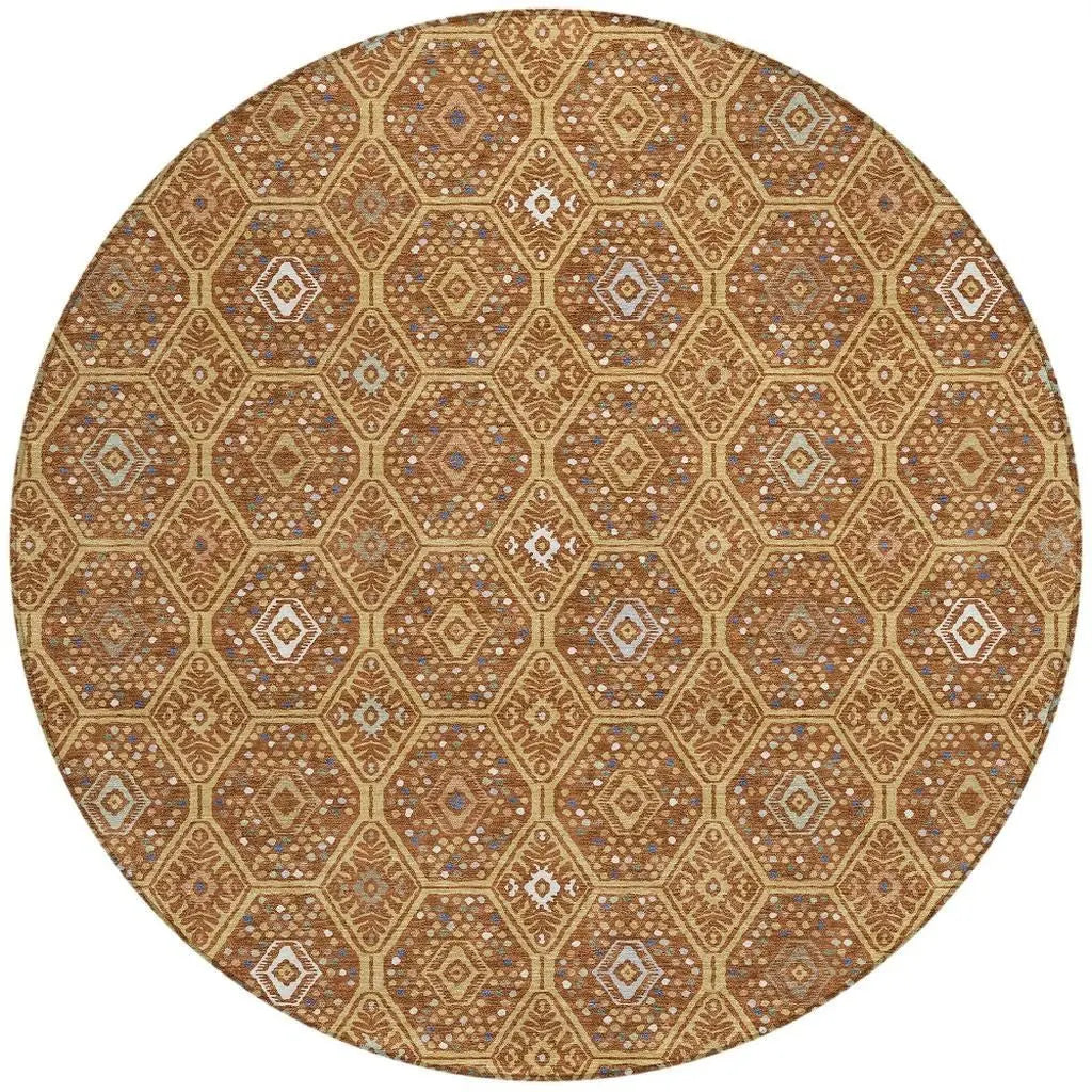 8' Gold And Orange Round Geometric Washable Indoor Outdoor Area Rug Homeroots Outdoor