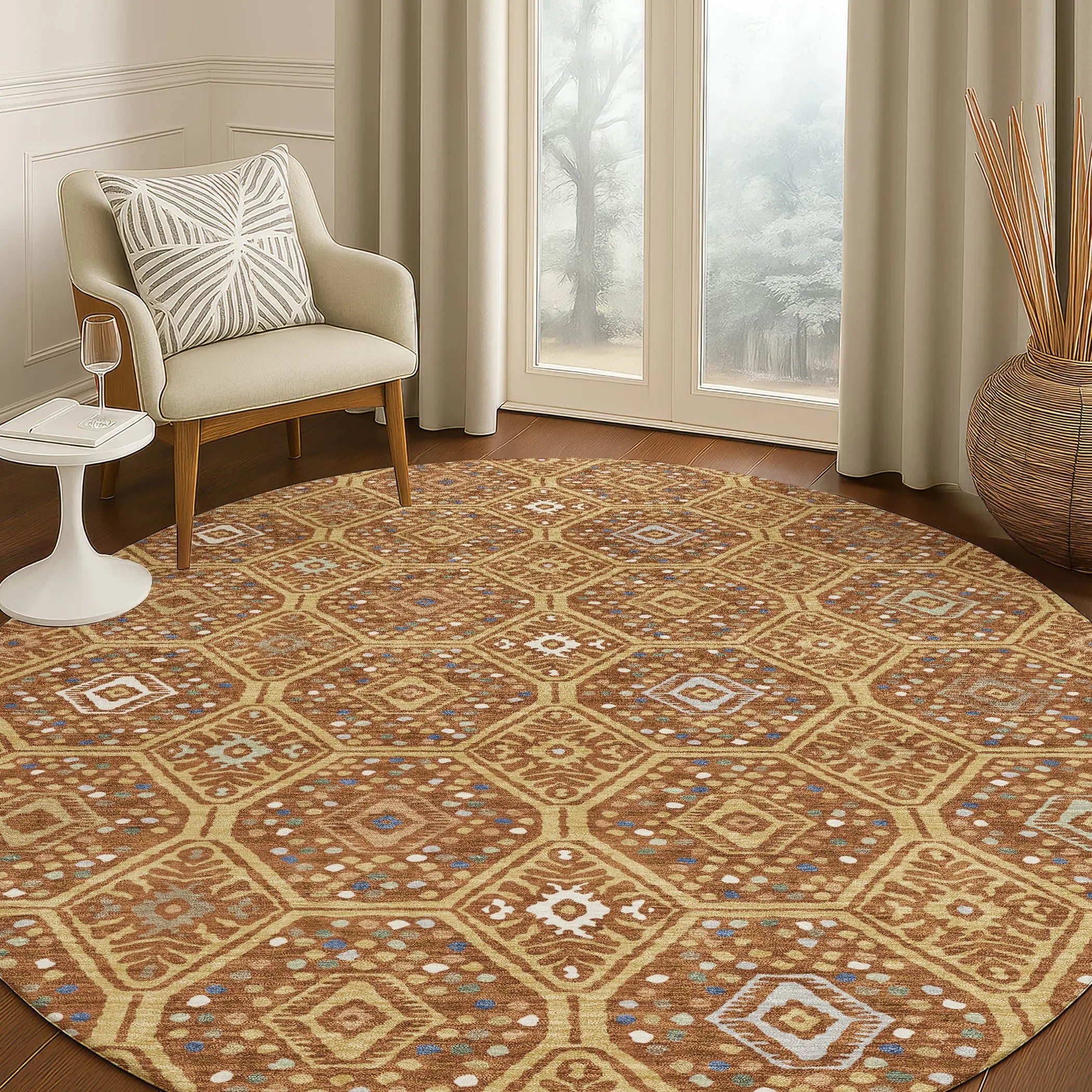 8' Gold And Orange Round Geometric Washable Indoor Outdoor Area Rug Homeroots Outdoor