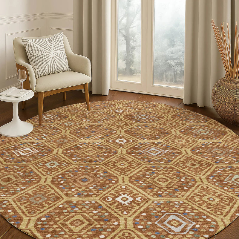 8' Gold And Orange Round Geometric Washable Indoor Outdoor Area Rug Homeroots Outdoor