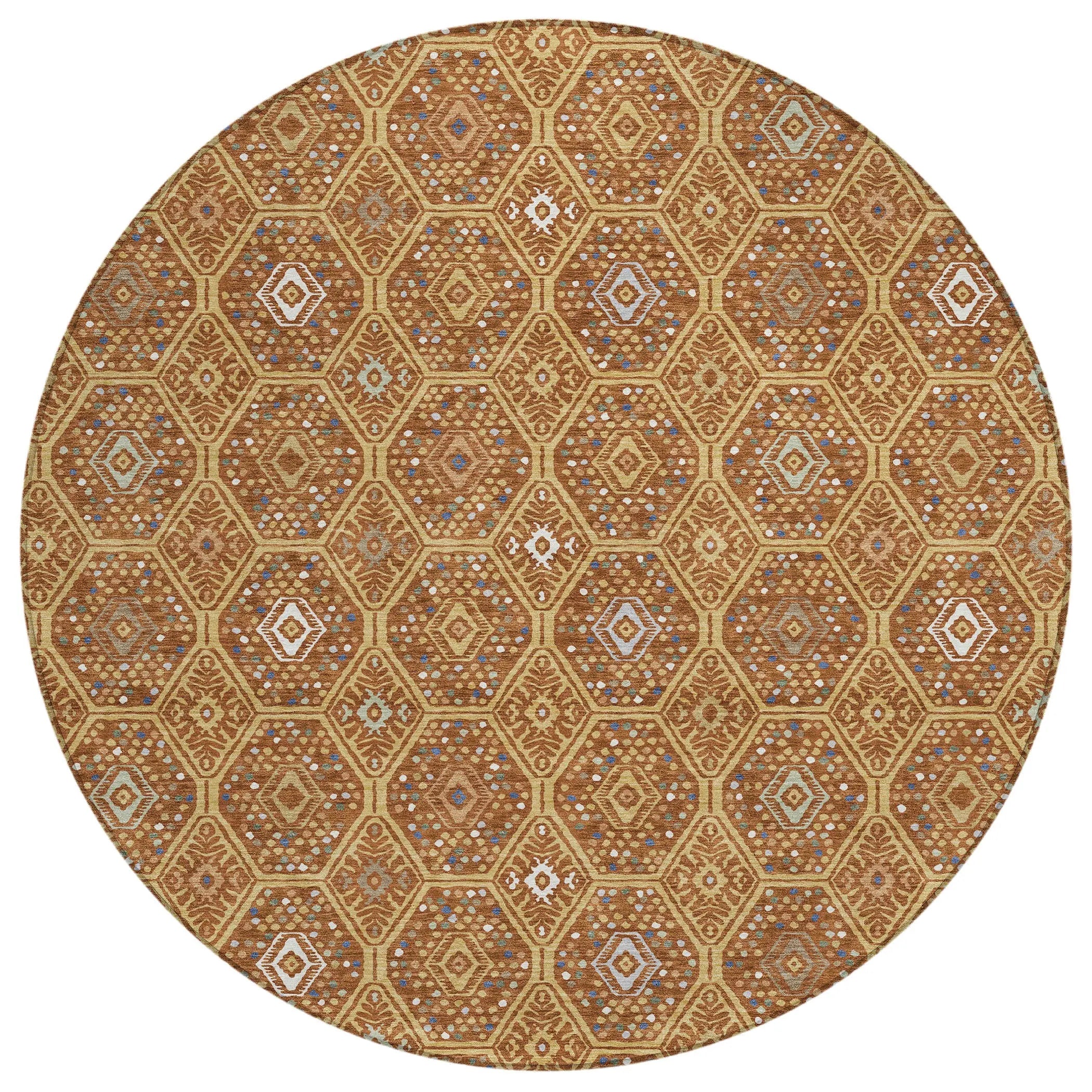 8' Gold And Orange Round Geometric Washable Indoor Outdoor Area Rug Homeroots Outdoor