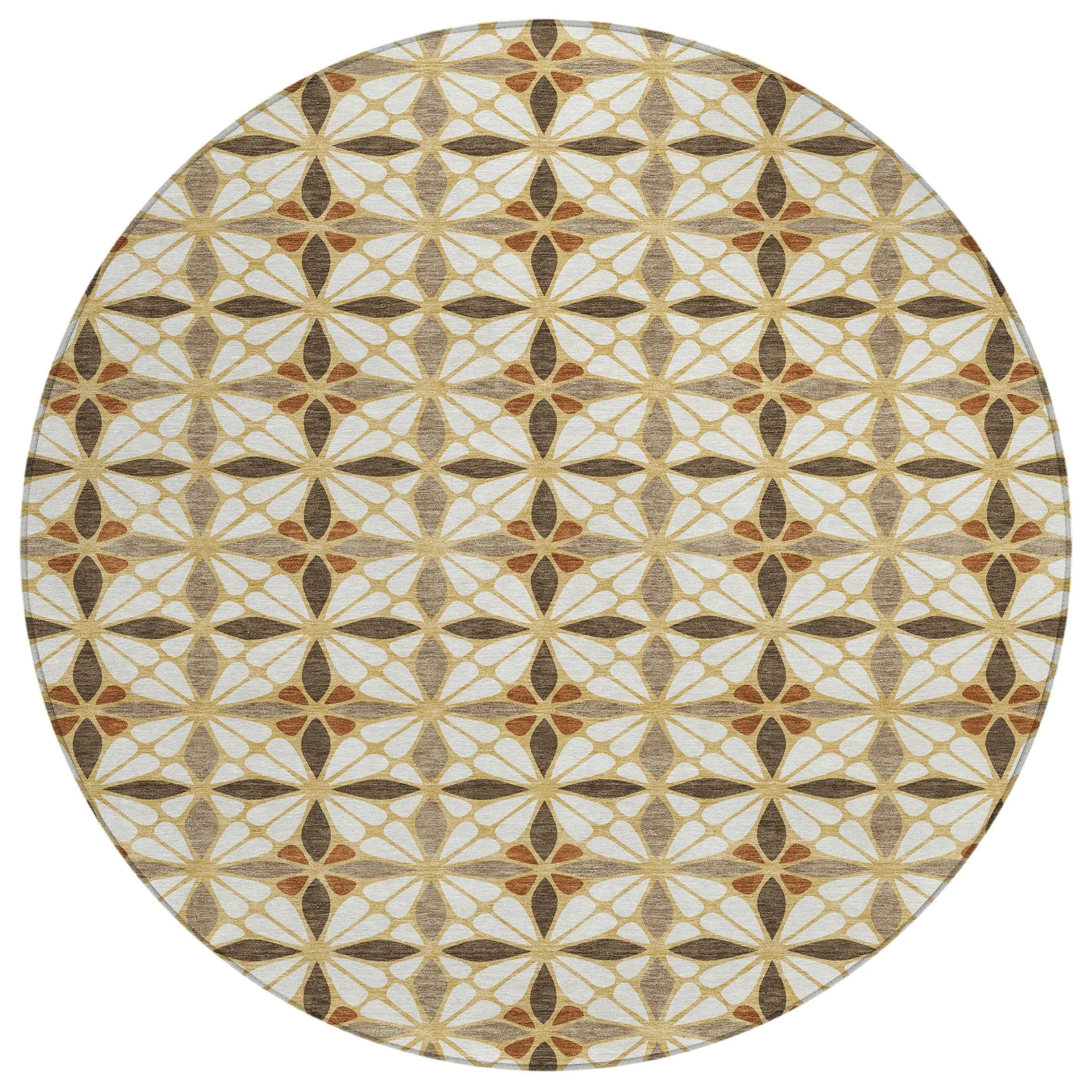 8' Gold And Orange Round Geometric Washable Indoor Outdoor Area Rug Homeroots Outdoor