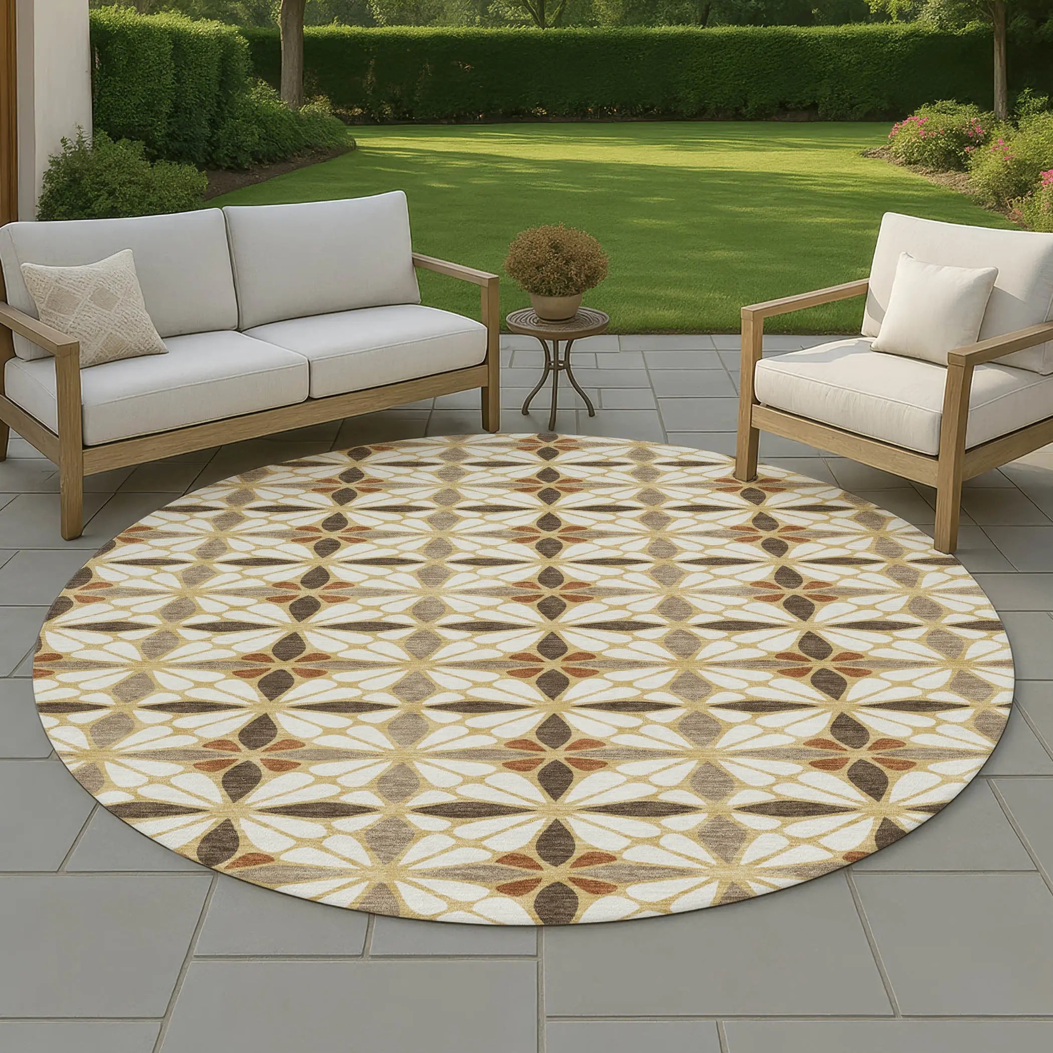 8' Gold And Orange Round Geometric Washable Indoor Outdoor Area Rug Homeroots Outdoor